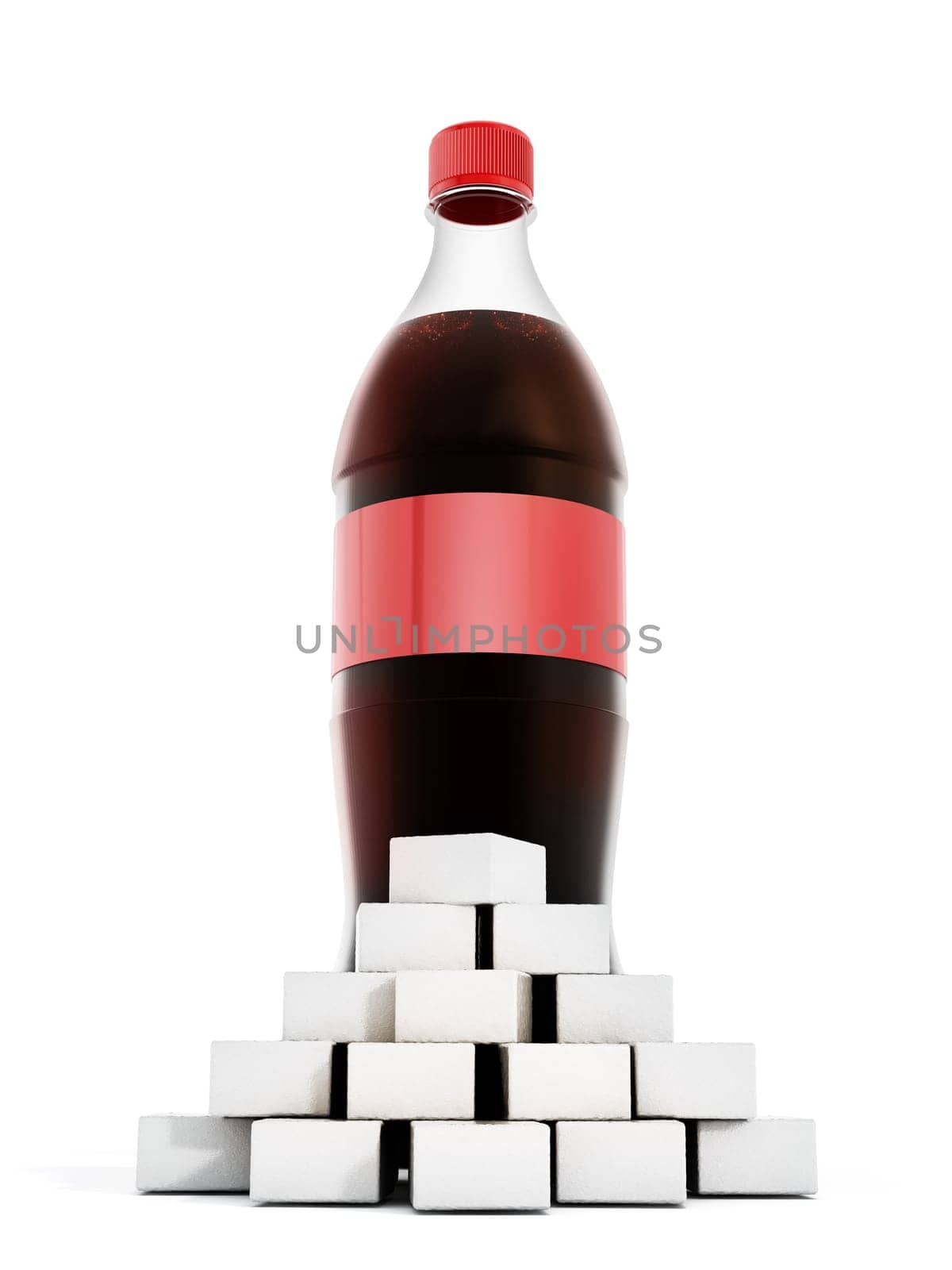 Cola bottle with lots of sugar cubes on white background