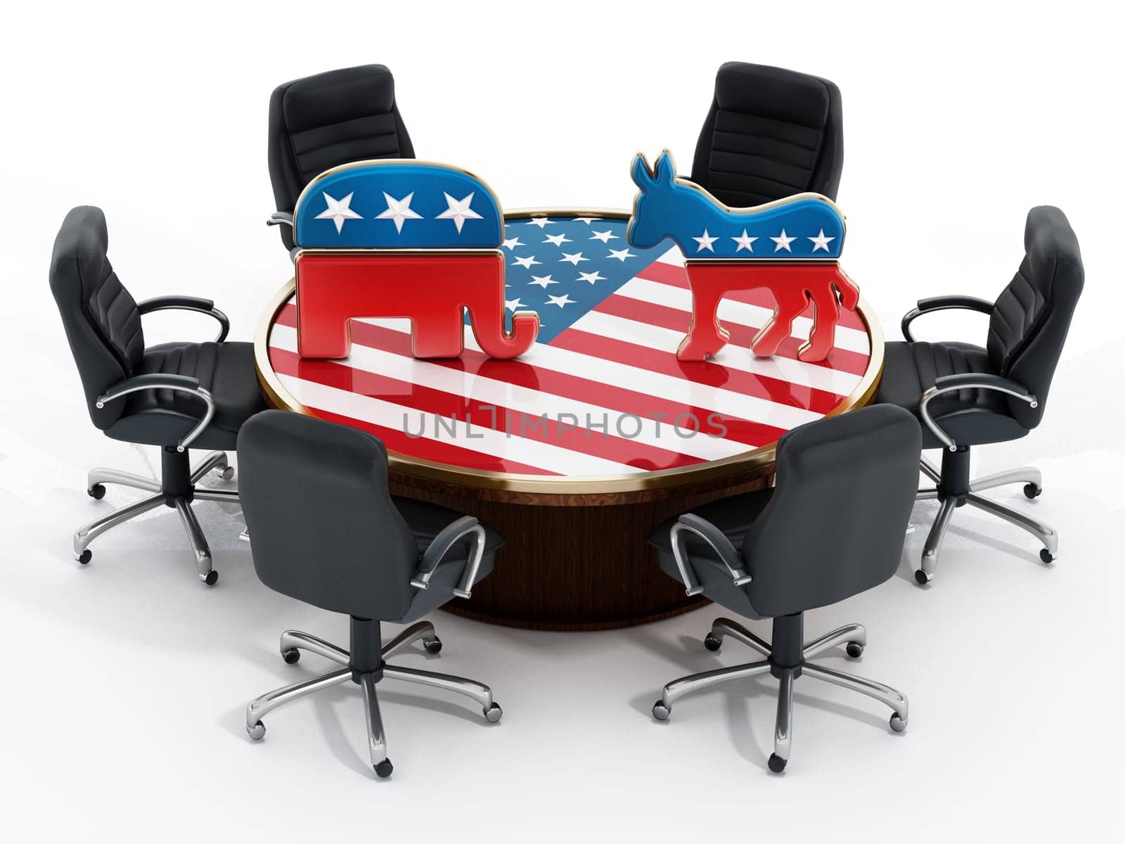 USA Political party symbols standing on American flag covered table.