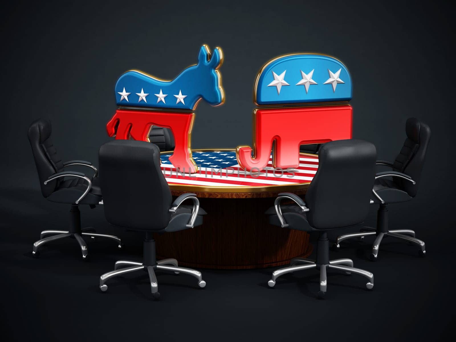 USA Political party symbols standing on American flag covered table.