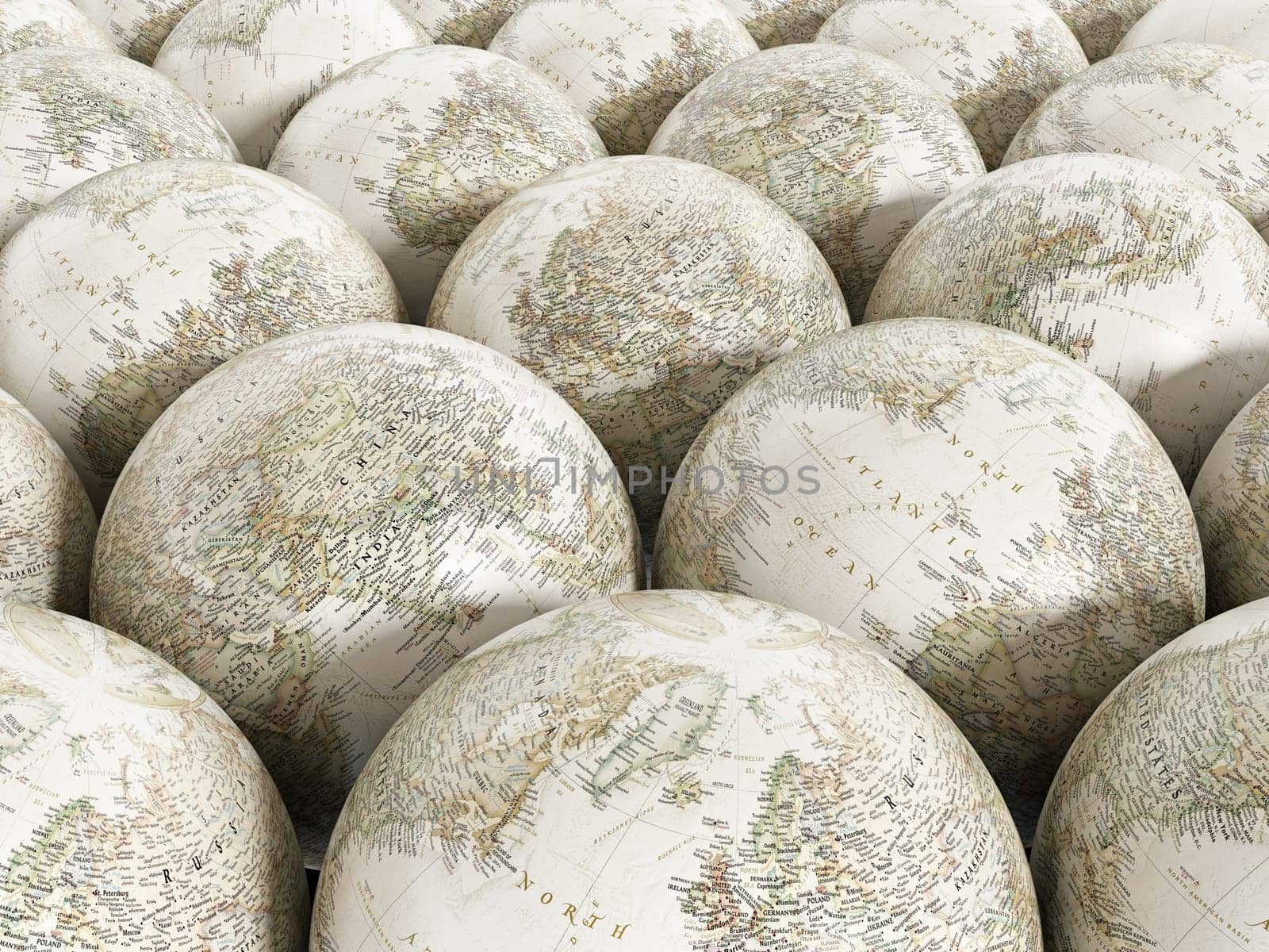 Stack of globes with old world texture map.