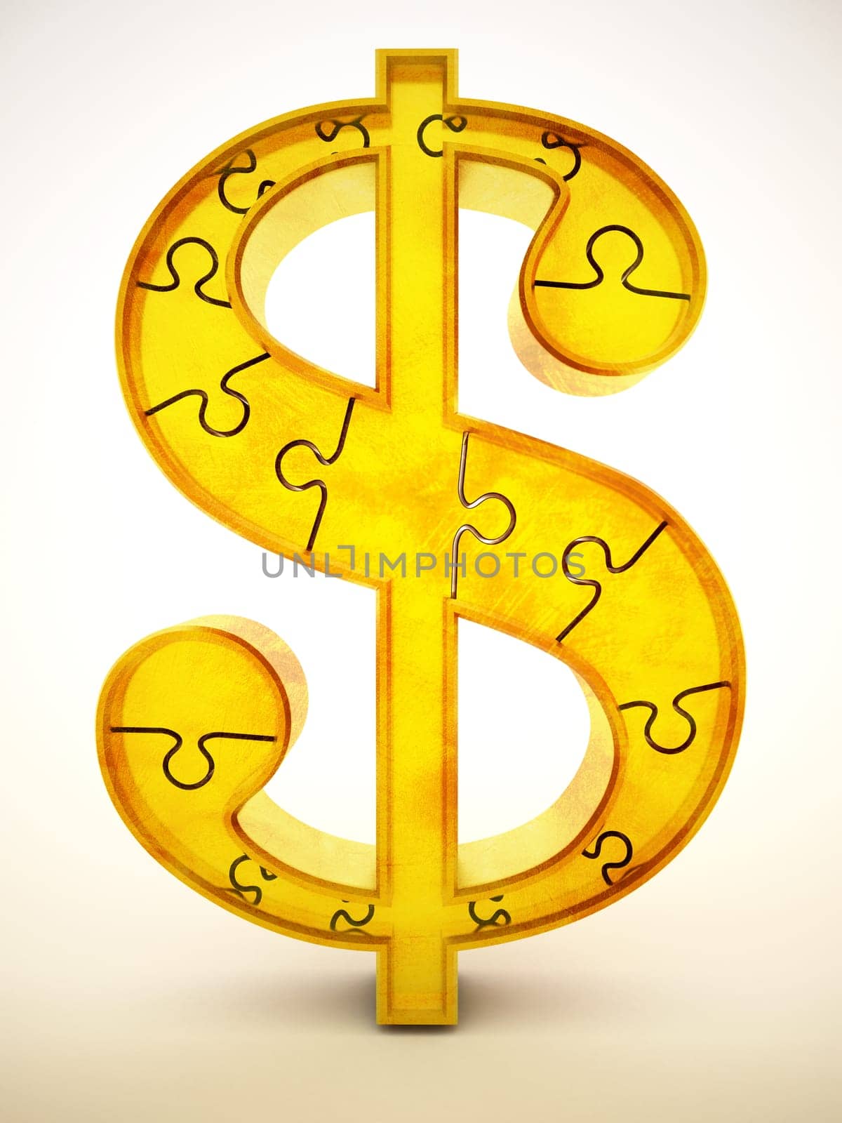 Gold dollar symbol made of puzzle parts. 3D illustration.