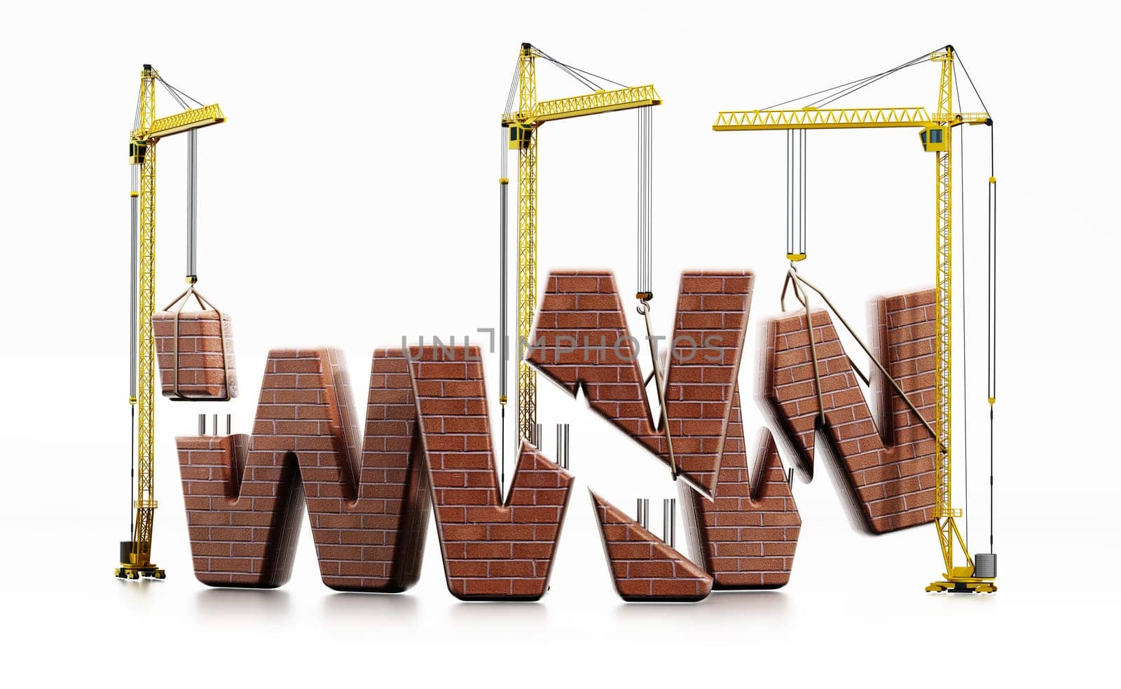 Brick www letters carried by construction cranes forming www word.