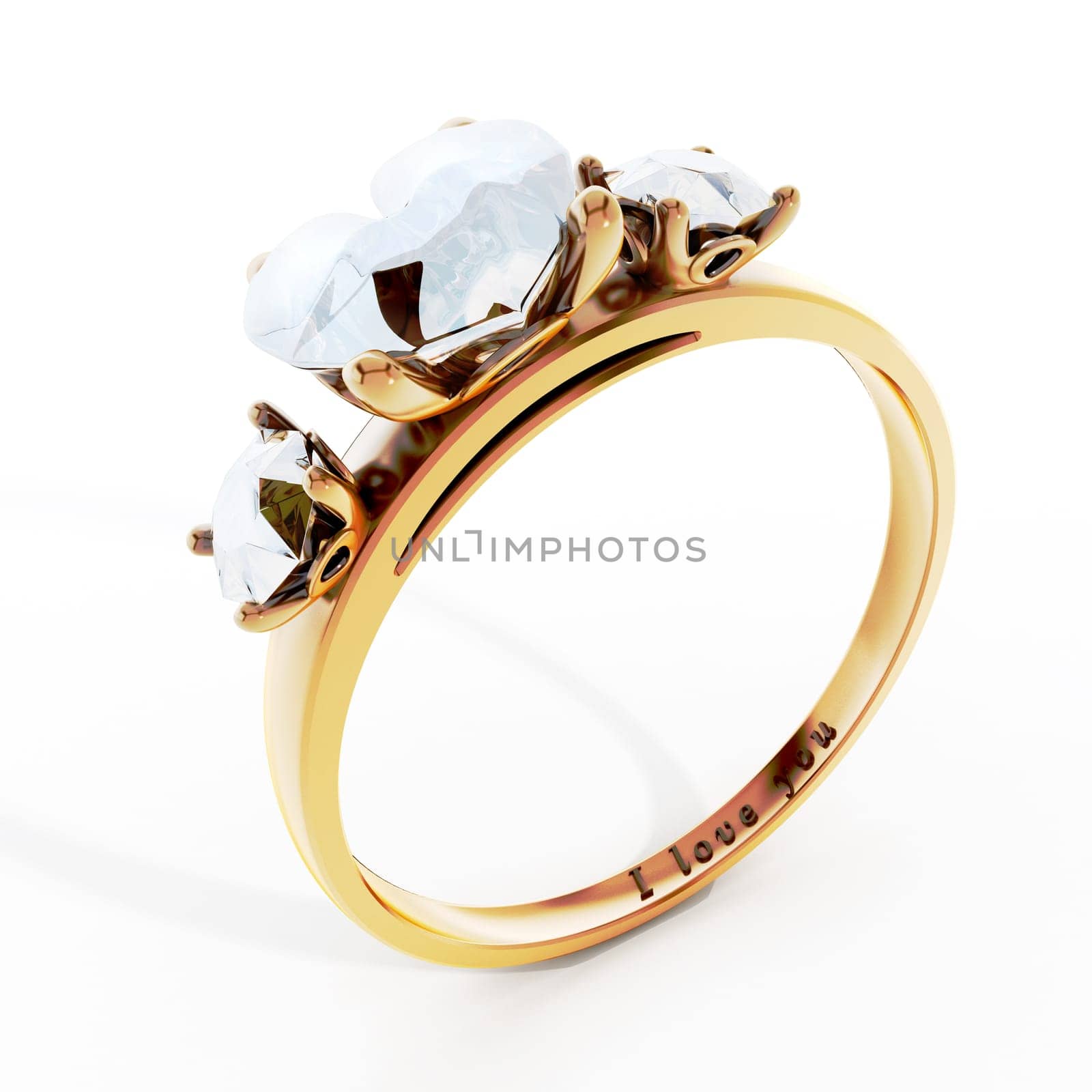 Golden wedding ring with heart shaped diamond and I love you text.