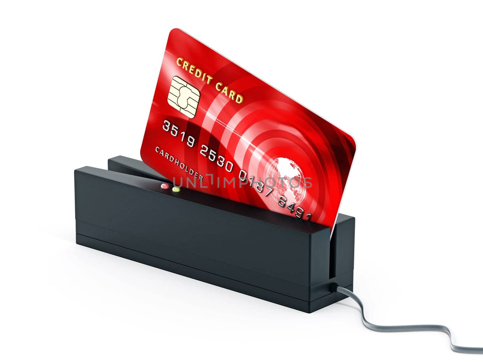 Red credit card on POS terminal. 3D illustration.