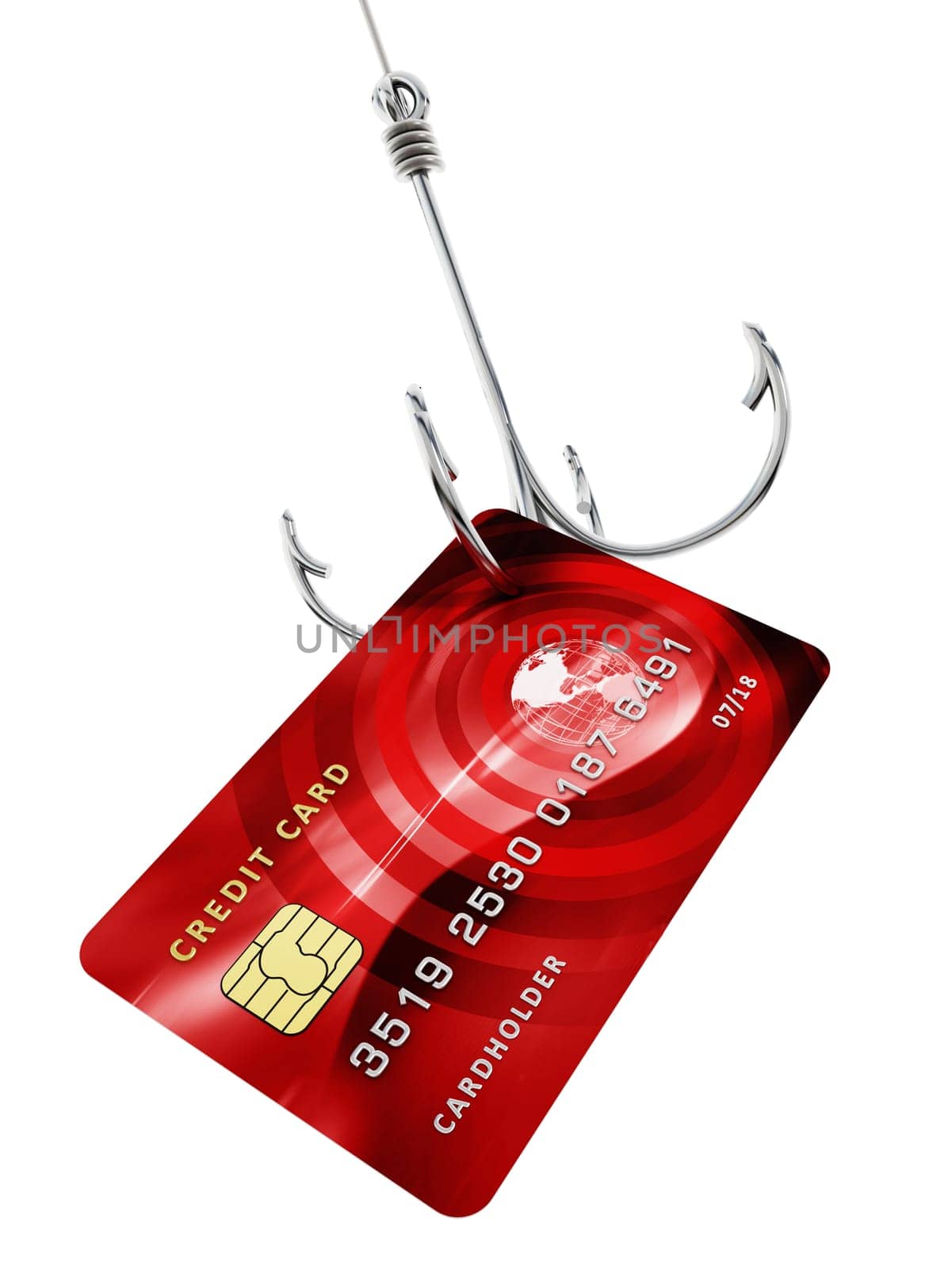 Credit card at the end of fishing hook. 3D illustration.
