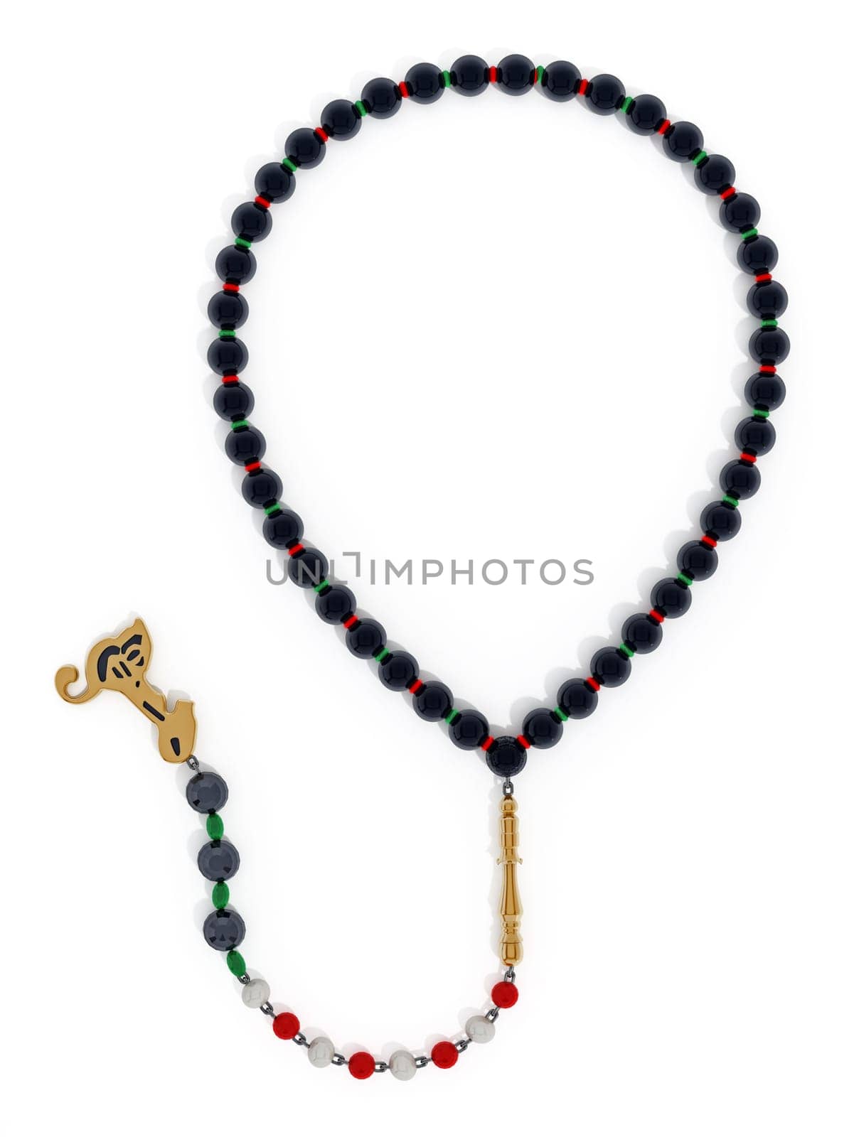 Praying beads with black, red and green gems. 3D illustration.