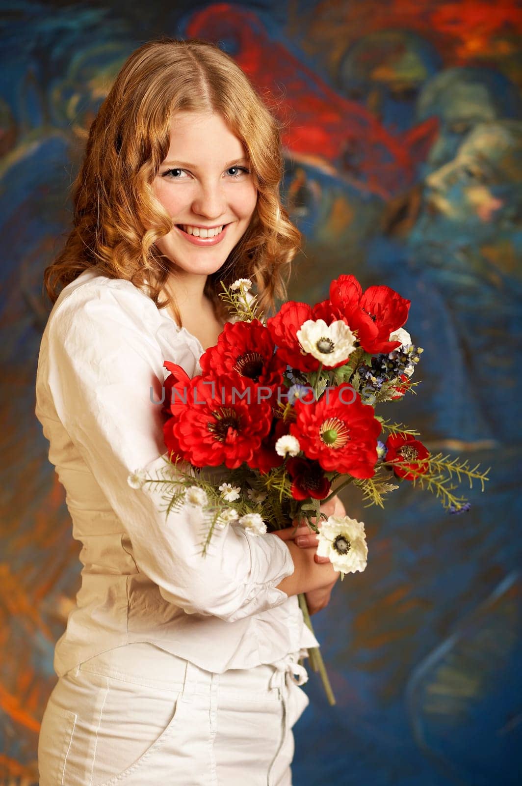 Lady with red flowers