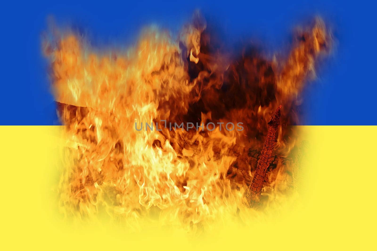 The word WAR as a fire on the flag of Ukraine