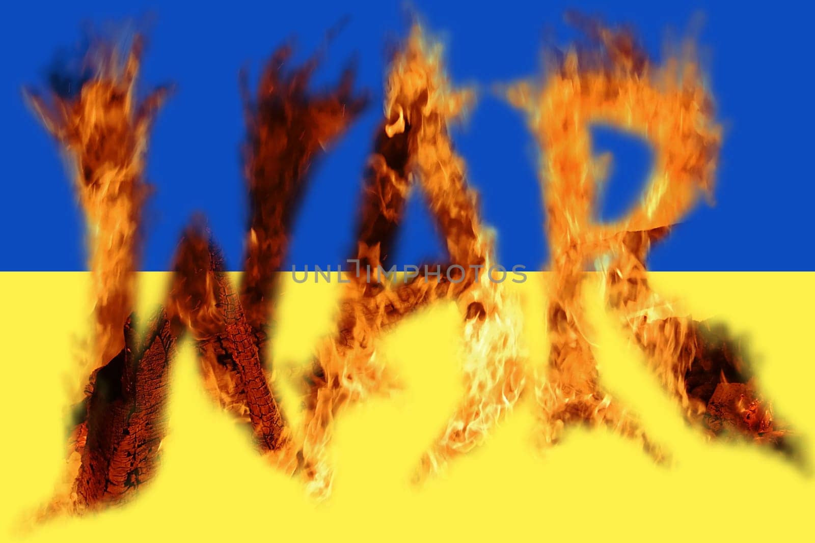 The word WAR as a fire on the flag of Ukraine