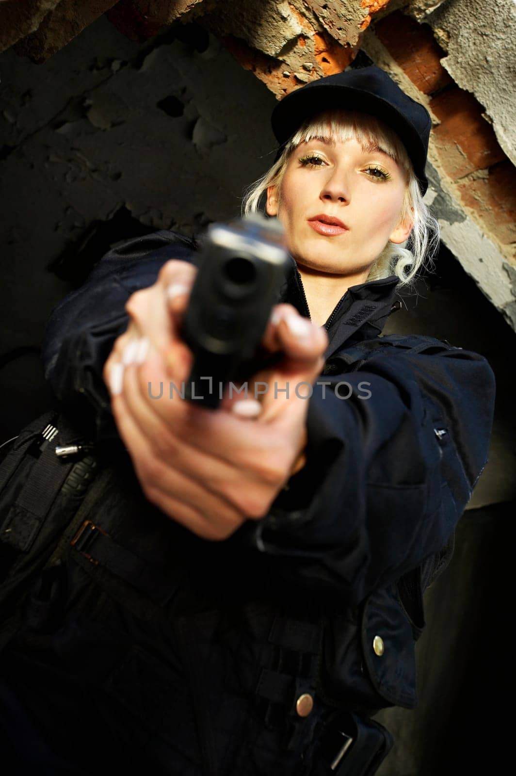 Young policewoman in action