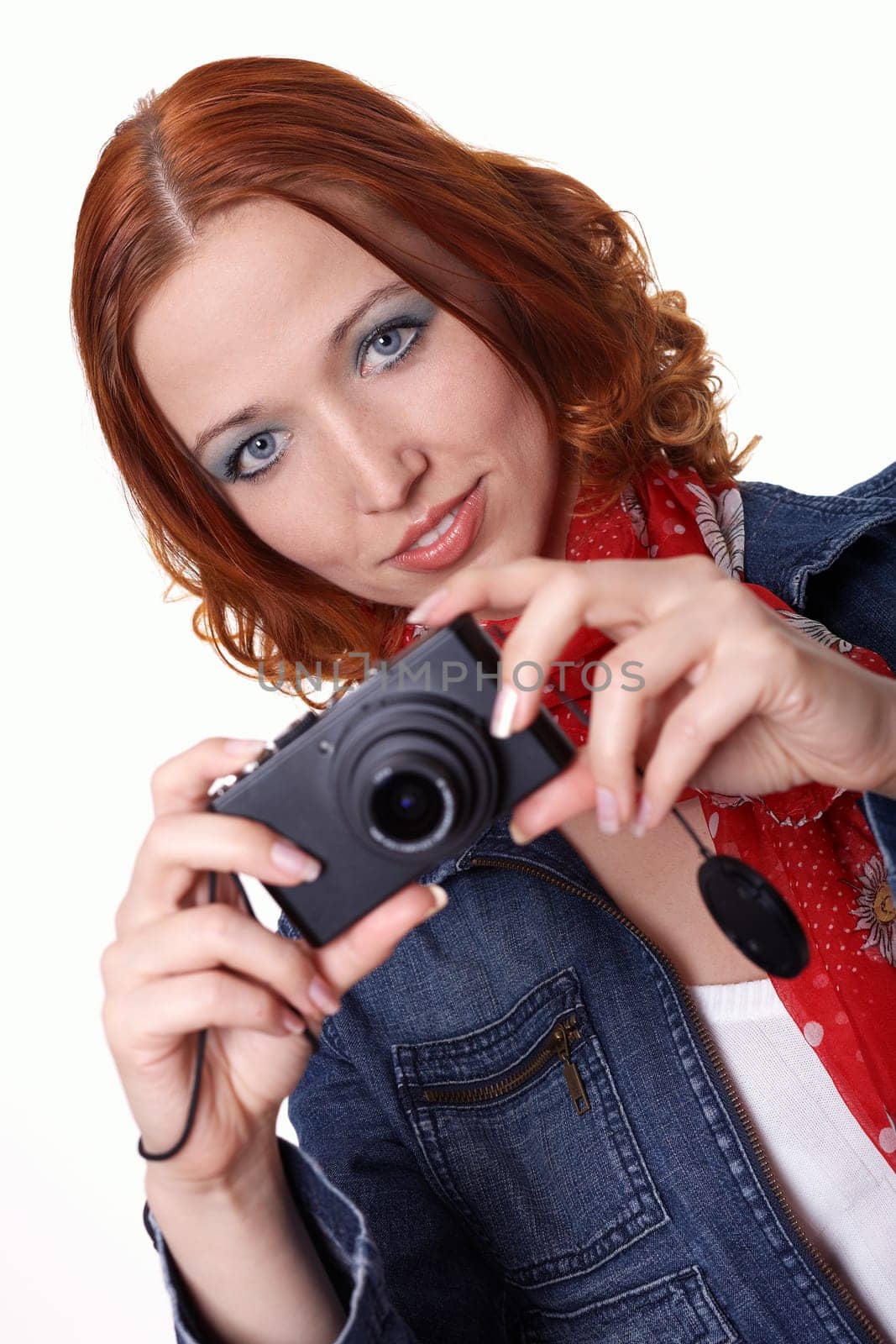 Red-haired woman in denim jacket photography