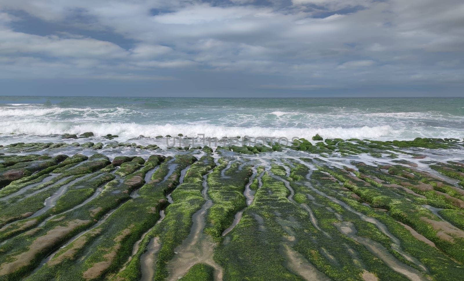 The Laomei Green Stone Trough is located in Shimen District on the North Coast, Every April and May, because the northeast monsoon slowly weakens, the local rock trough scientific name: tidal trench and sea erosion trench is covered with a large green seaweed