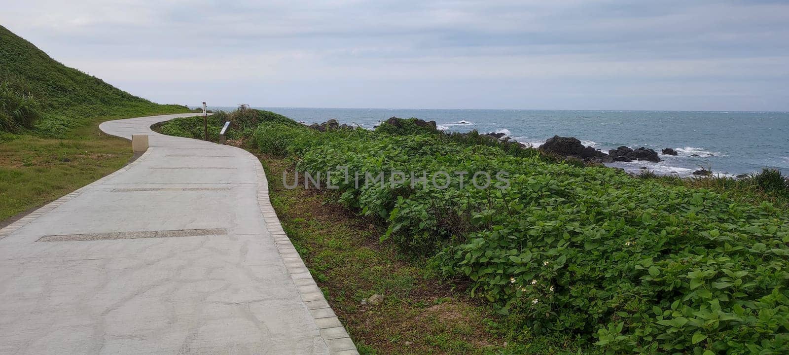 The Sea harbor with blue sky and green meadow.