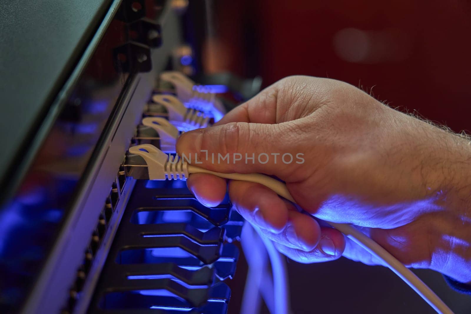 IT expert working with computer server network cable. Connectivity, Internet, technician, installing.