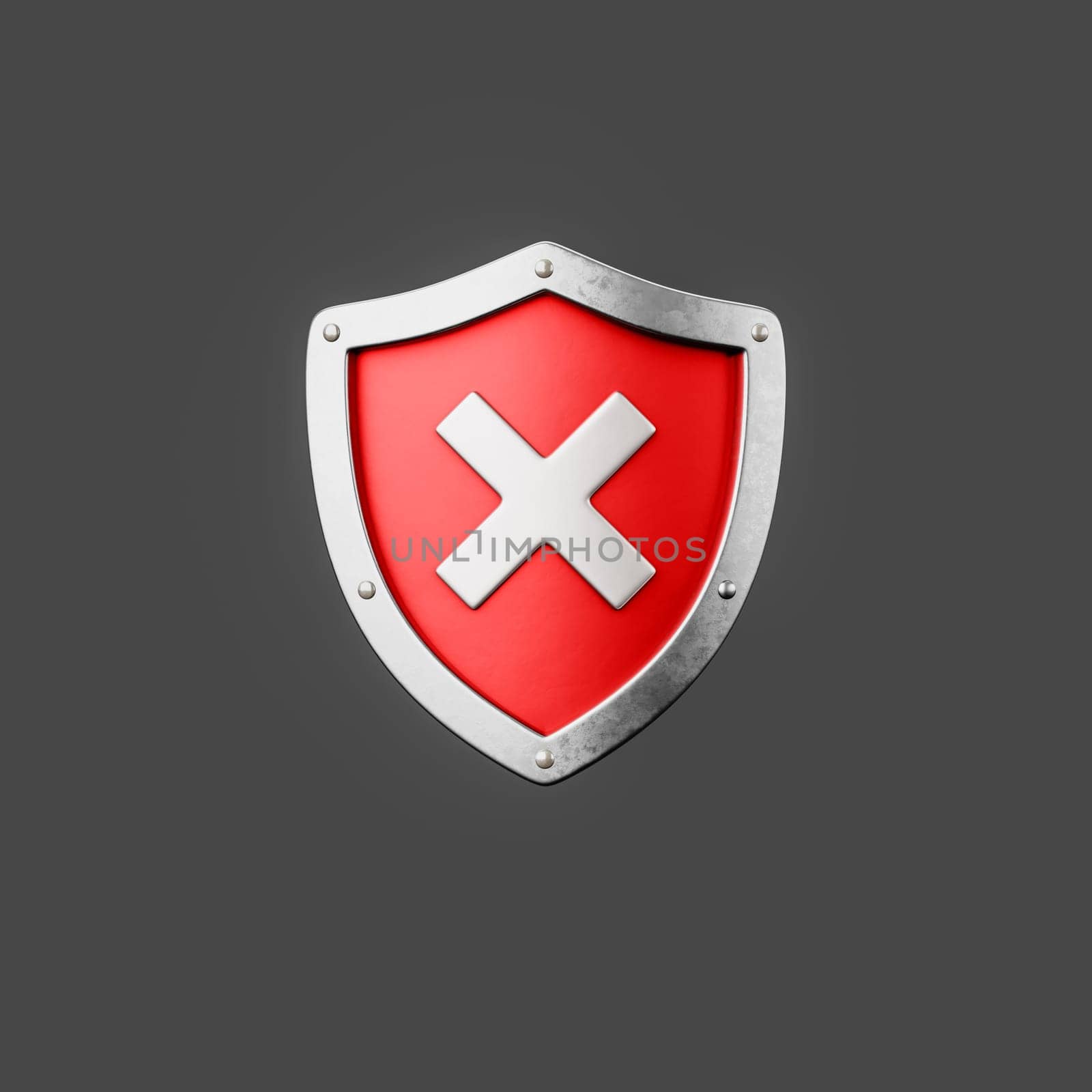 Red Metallic Shield Shape with Cross Isolated on Flat Dark Gray Background 3D Illustration