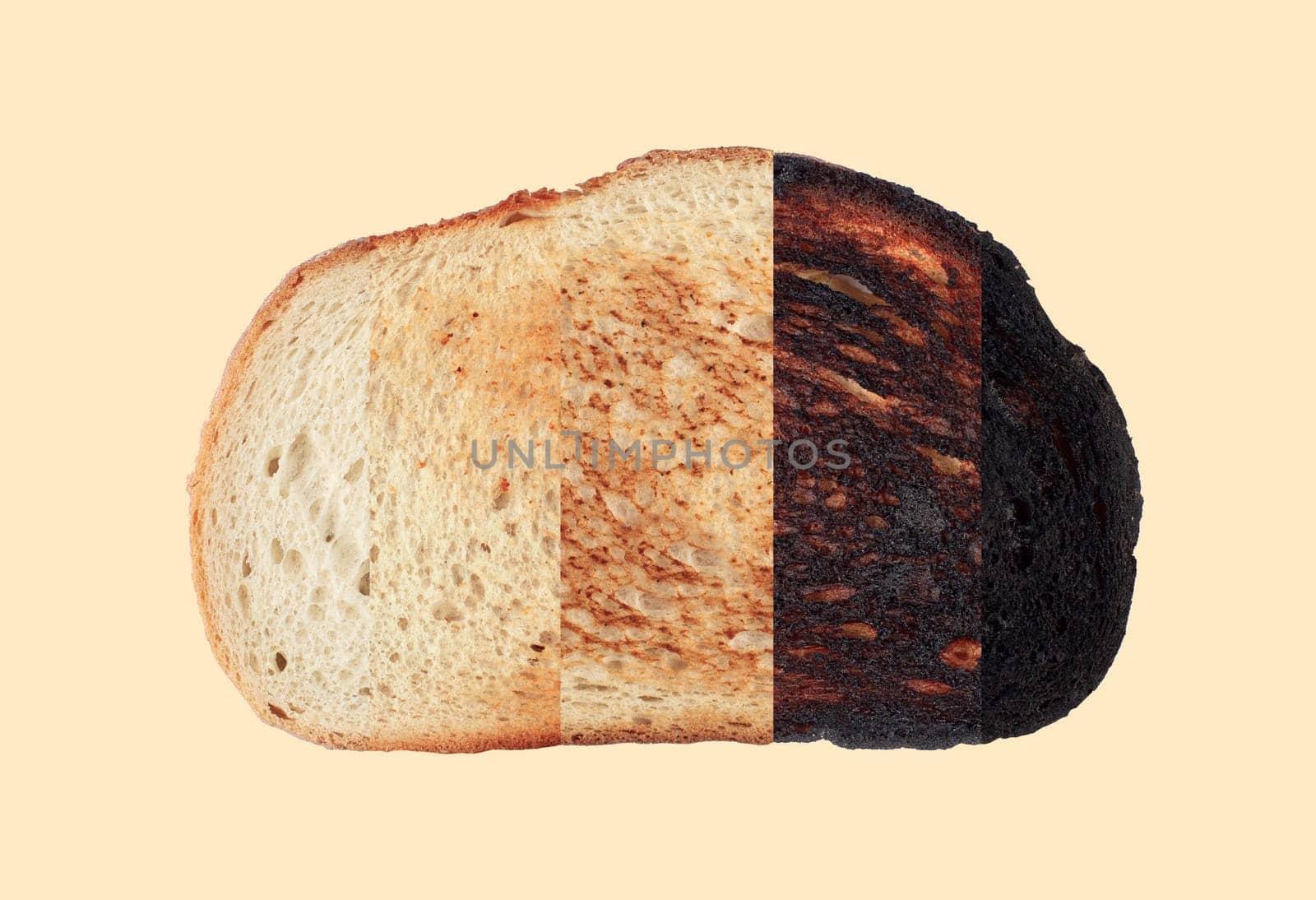 top view closeup of slice of bread toast with different stages of toasting from unroasted to completely burnt isolated on brown background