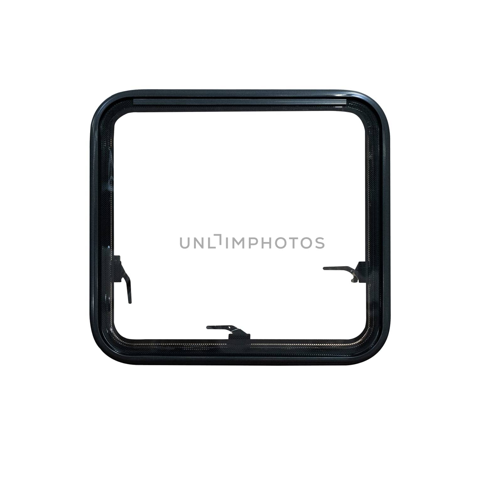 closeup of black camp caravan window hatchet isolated on white background with square shape