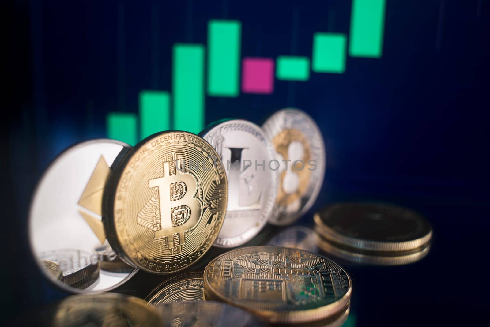 Bitcoin and cryptocurrency investing concept. Cryptocurrency golden coin with gold ripple symbol. Rise and fall charts of alt coins.