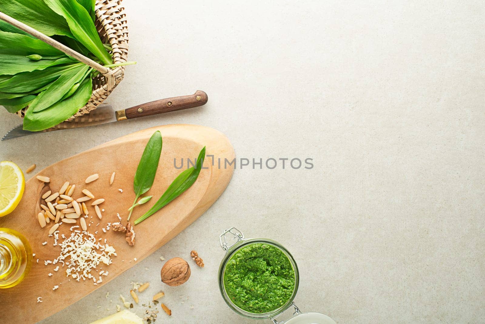 Making Fresh ramson or wild garlic pesto. Healthy spring food concept