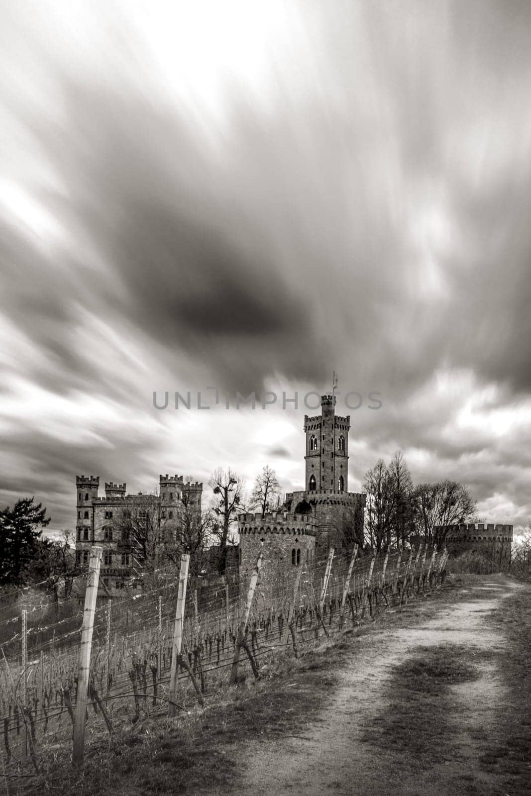 medieval castle in germany with long exposure in black and white