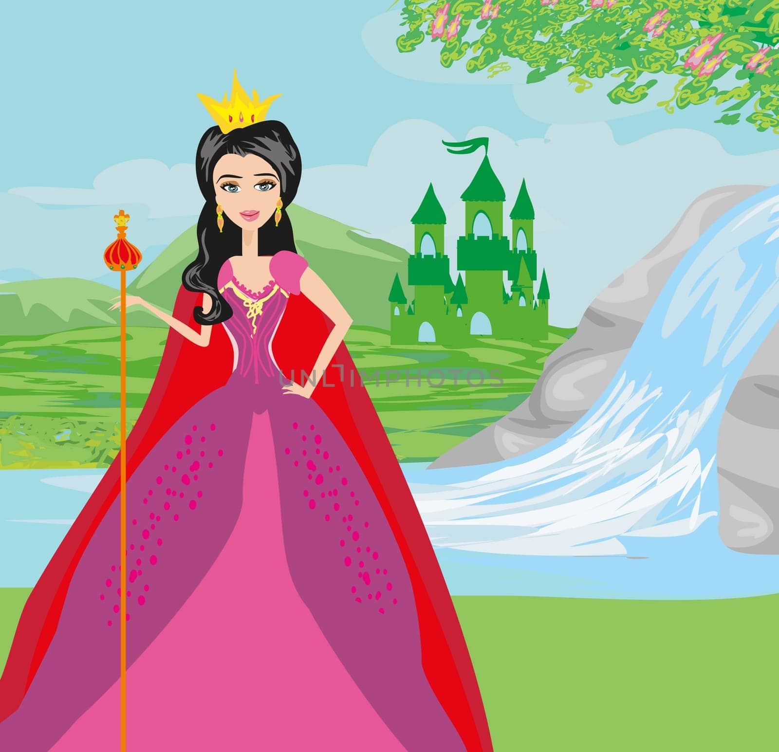 Beautiful young queen in front of her castle