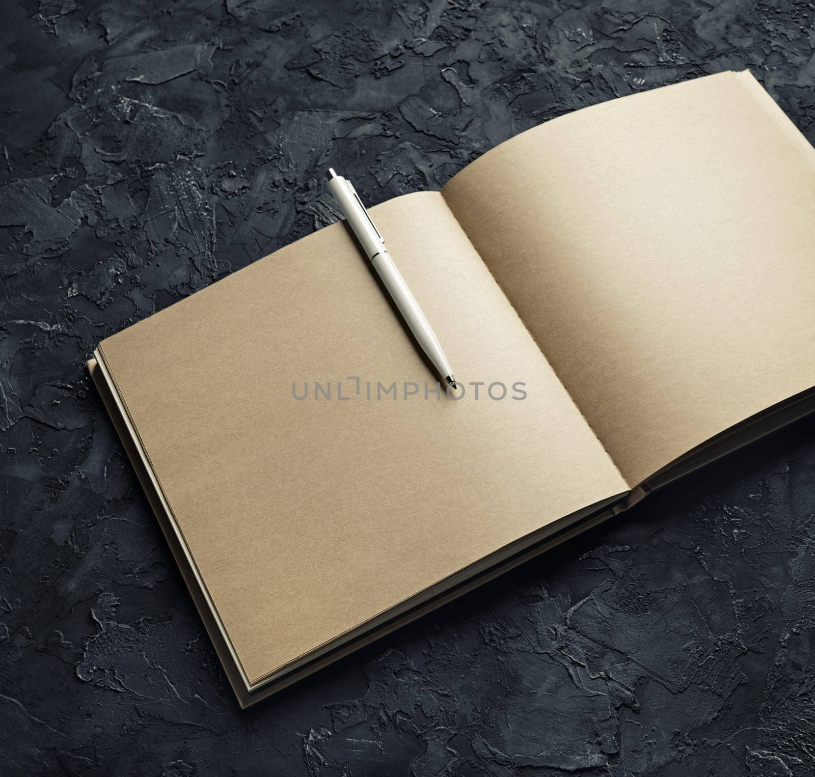 Photo of open kraft book with blank pages and pen on black plaster background.