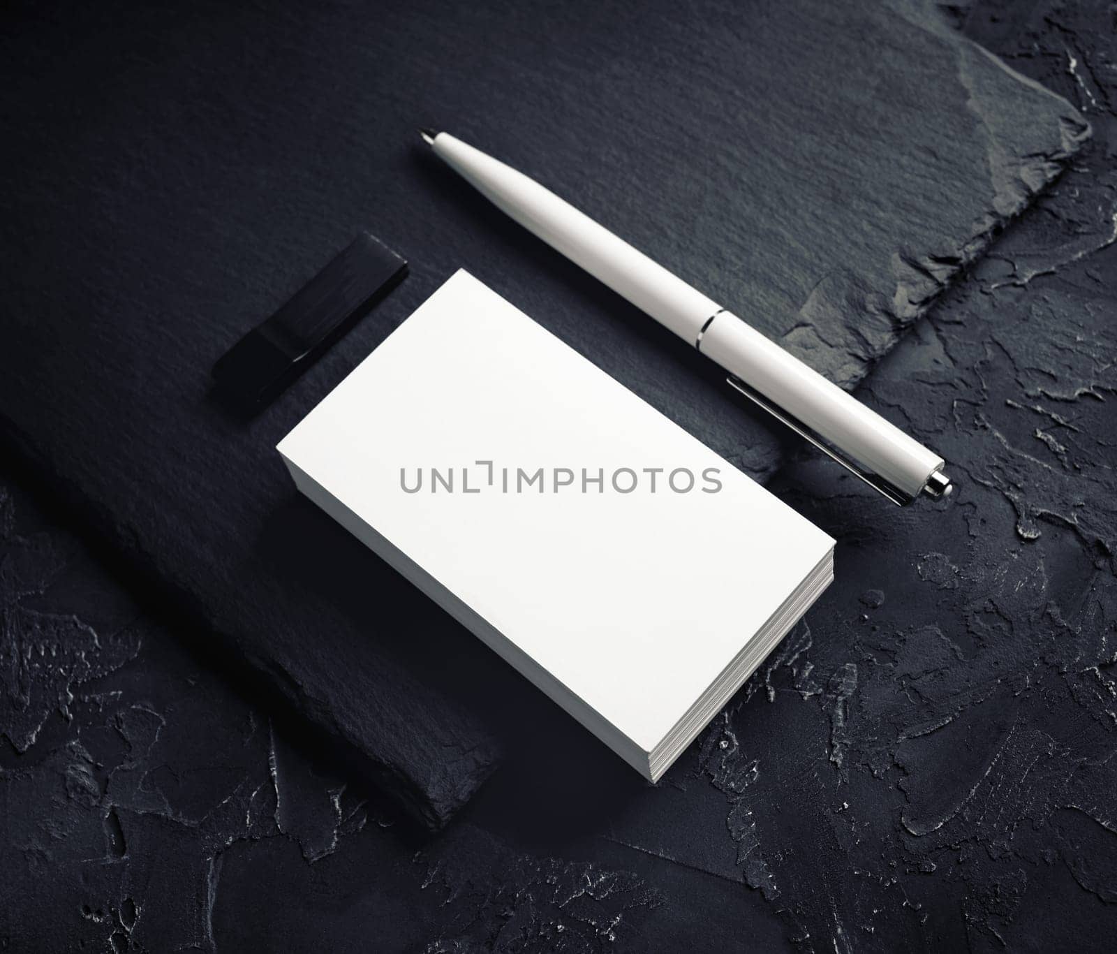 Photo of blank business cards, pen and usb flash drive. Branding identity template.