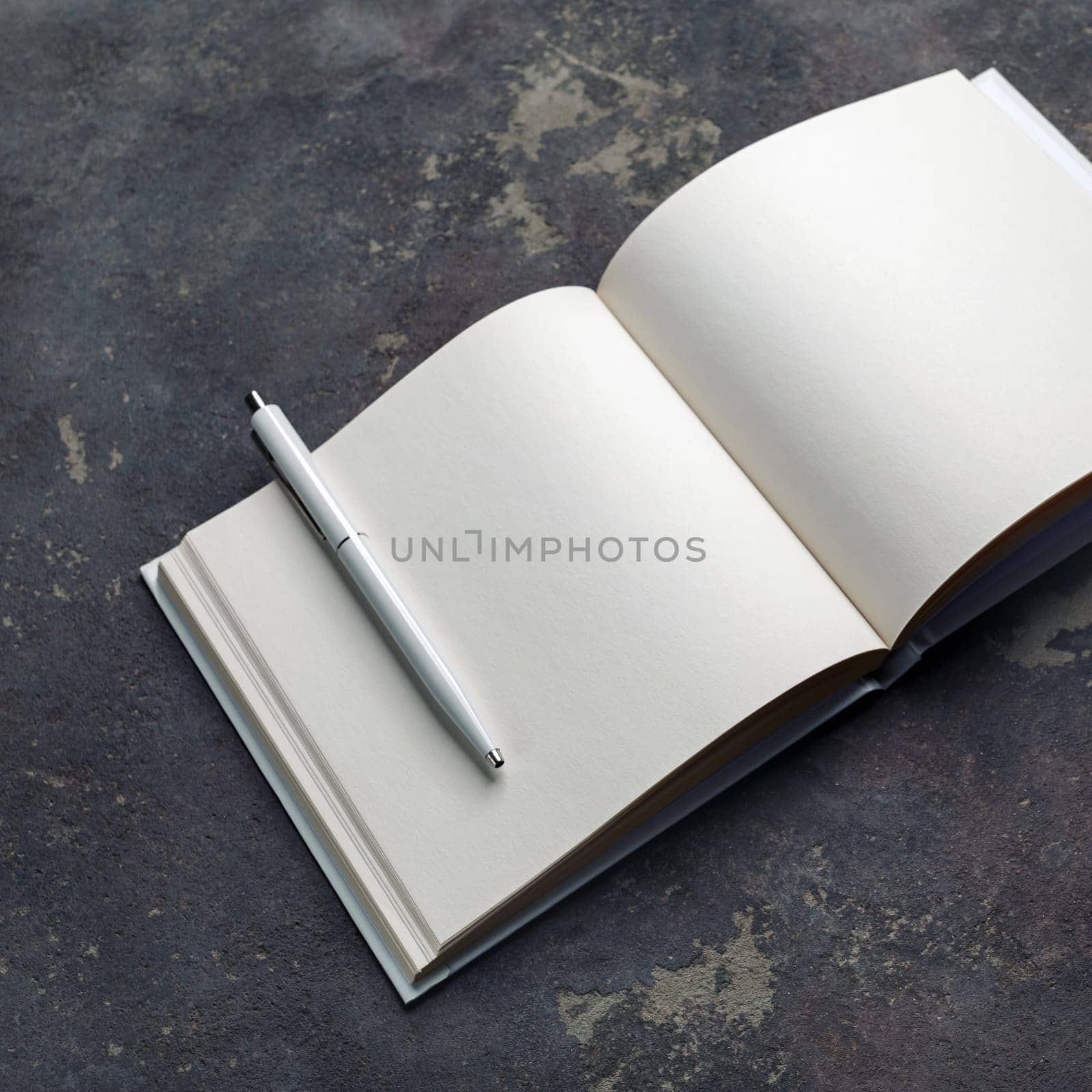 Photo of blank sketchbook and pen on concrete background. Responsive design mockup. Stationery elements.