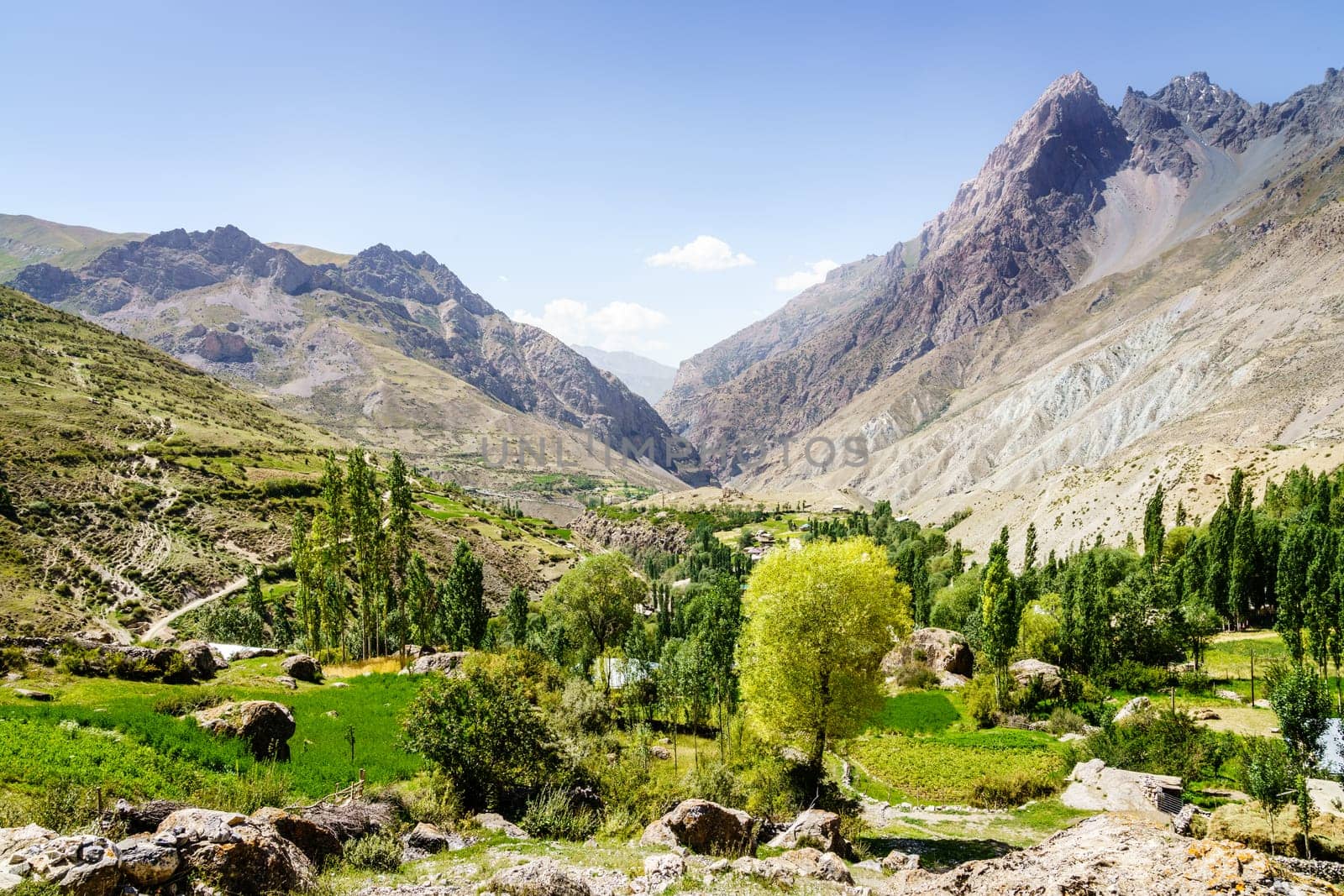 Scenic view of Yaghnob Valley and a mountain village in Tajikistan