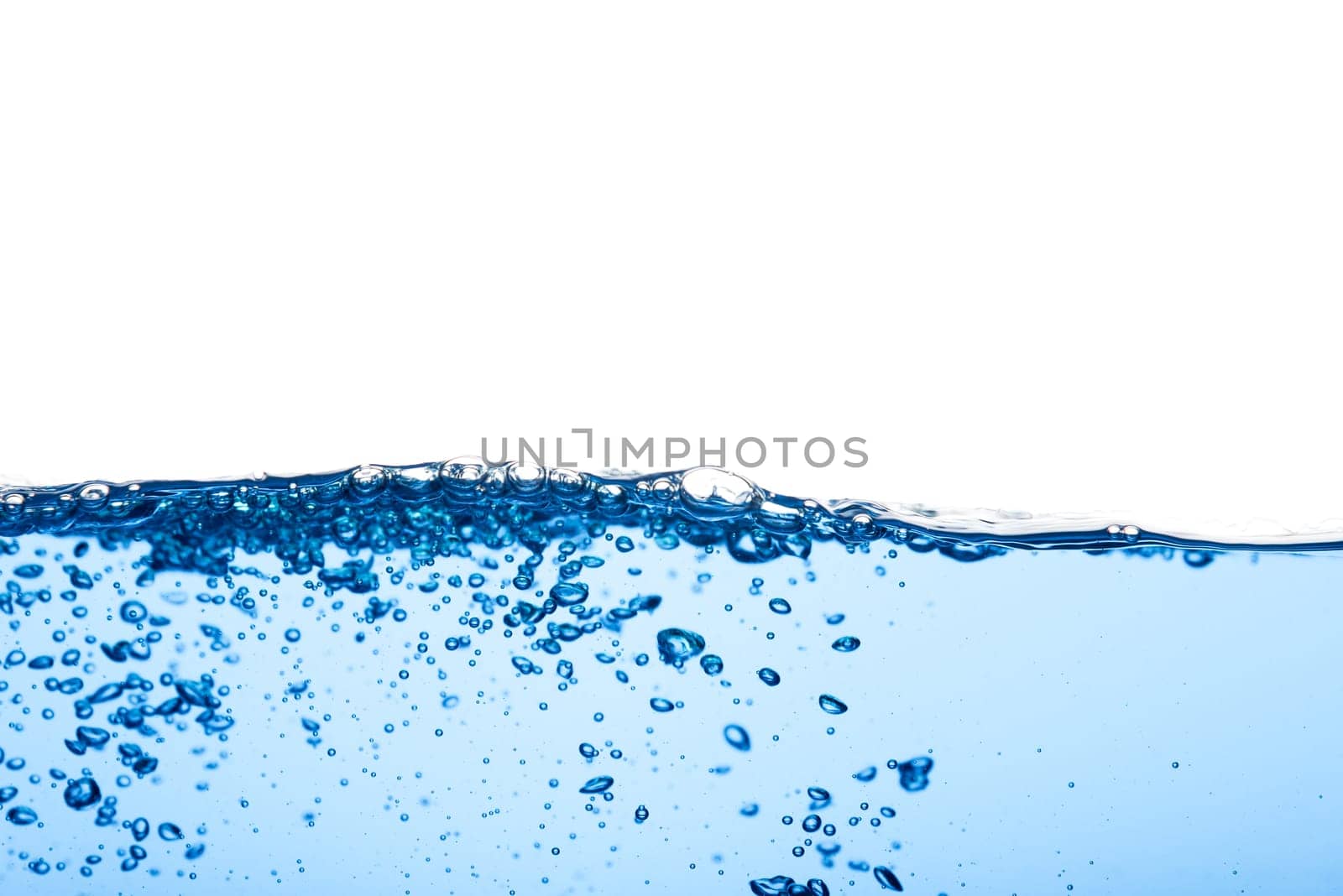Abstract clean flow ripple surface on liquid. Light blue water wave with air bubbles and a little bit splashed underwater, studio shot isolated on white background