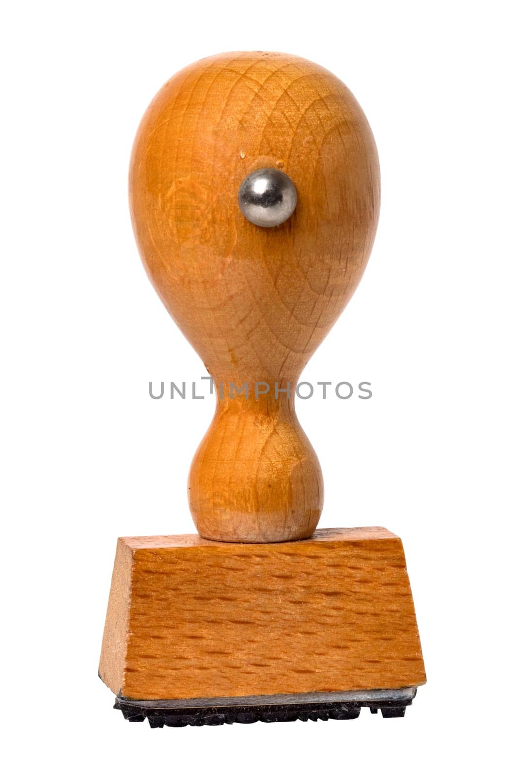 Closeup of a old wooden stamp for official paperwork with free space for text isolated on a white background. Clipping path. Design element. Macro.