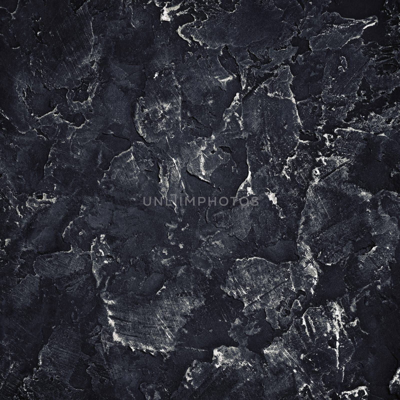 Black plaster texture. Black stucco background. Copy space for text. Flat lay.