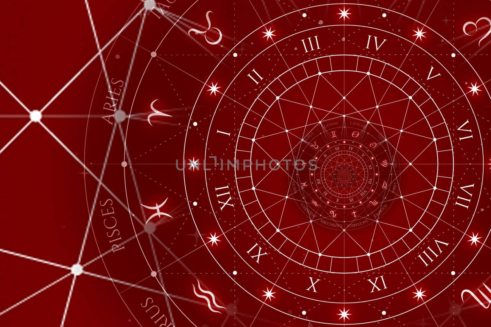 Zodiac Signs Horoscope background. Concept for fantasy and mystery - red