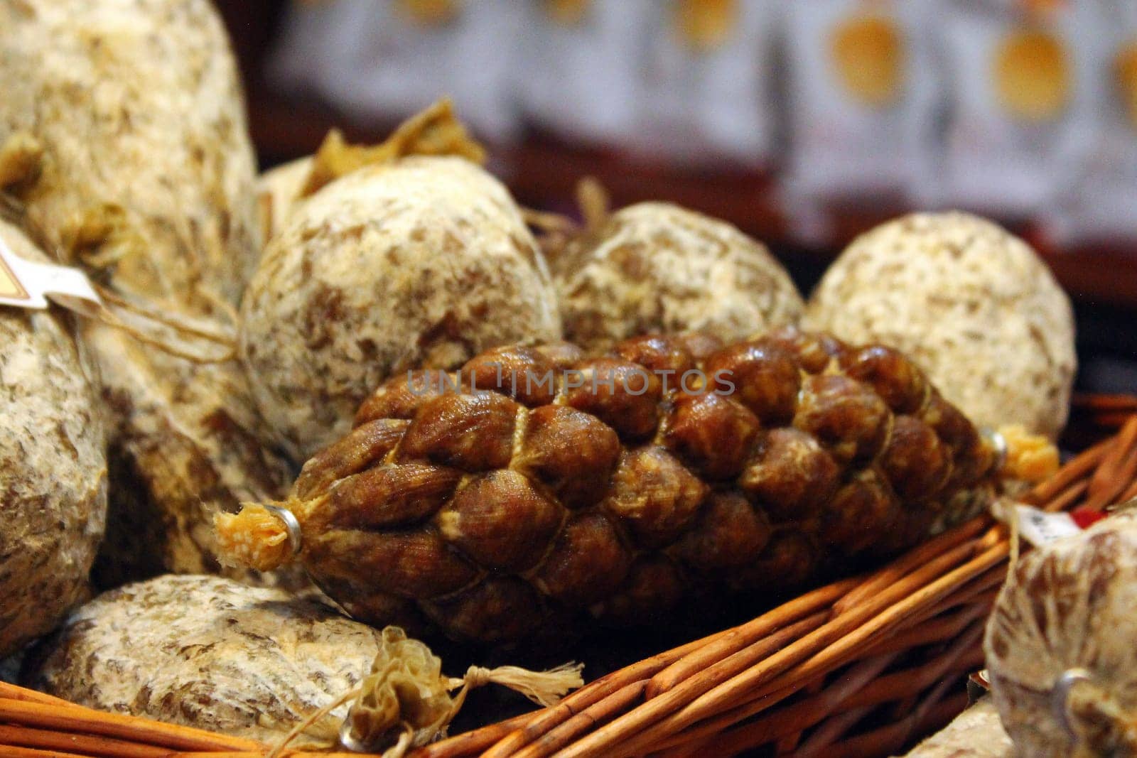 Close up of a truffle bombetta salami in a butcher shop in Italy