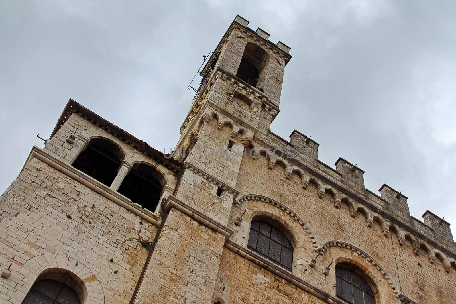 Close up of the tower of the main building of Gubbio in Umbria in Italy