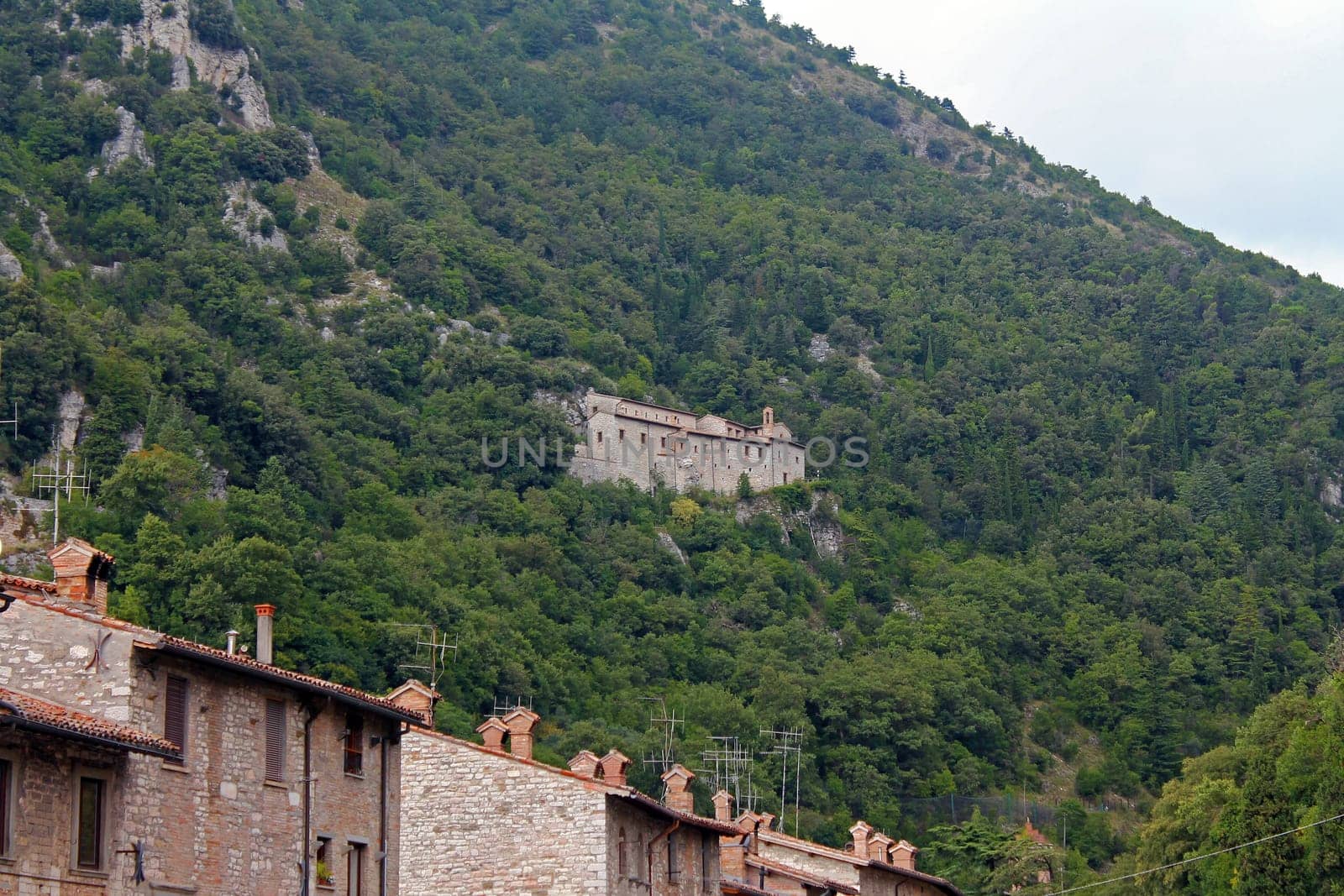 The traditional village on the cliff among the trees in Umbria in Italy