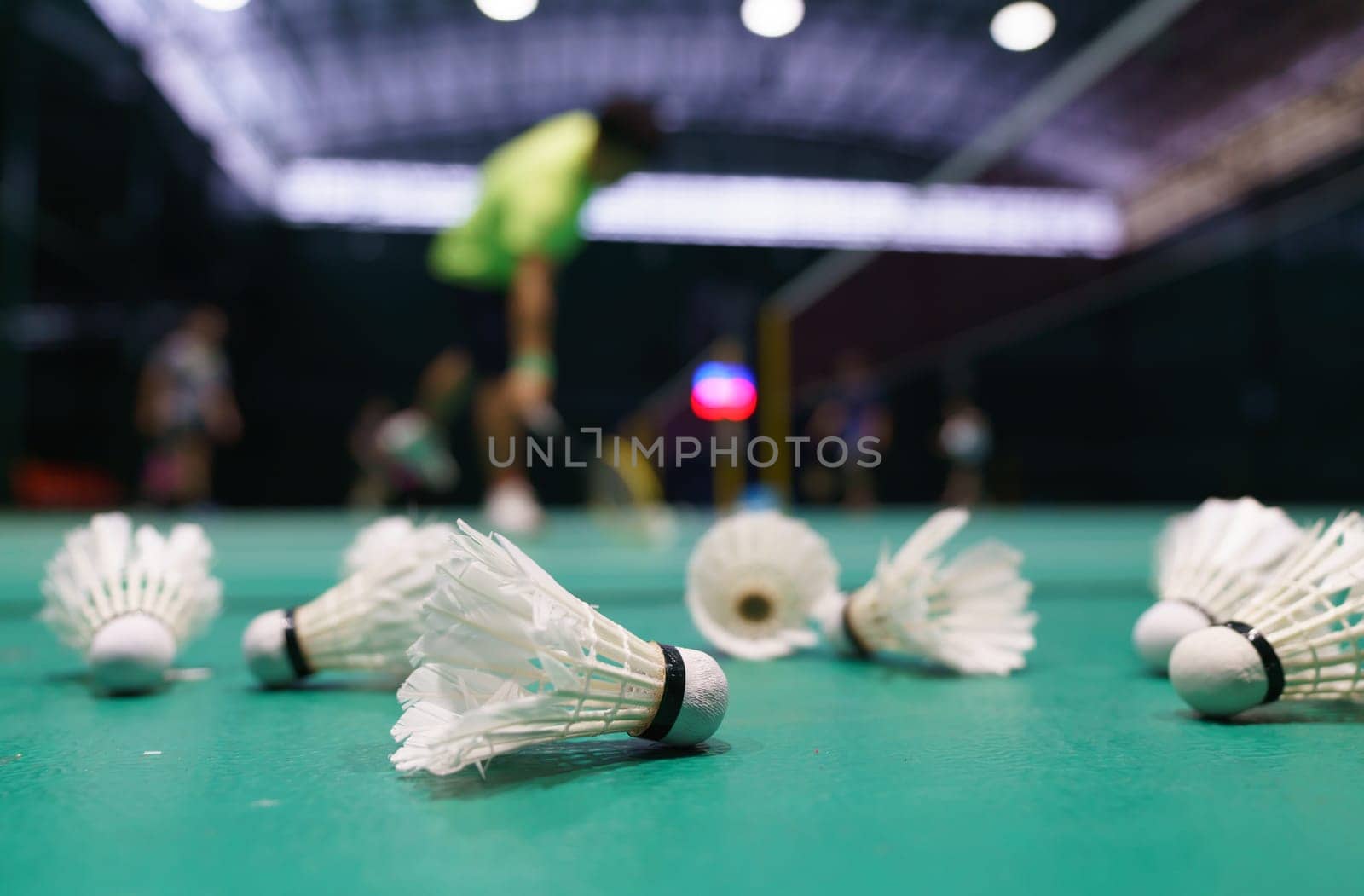 shuttlecock on green badminton playing court with player in background