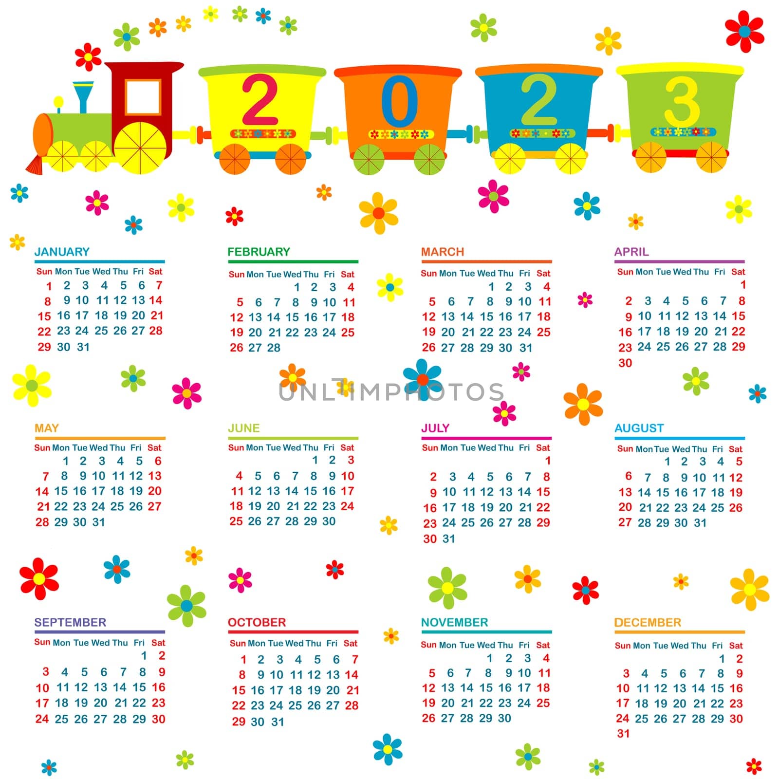 2023 calendar with cartoon train