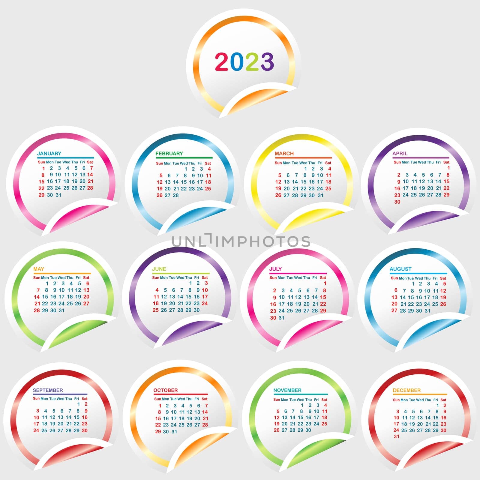 2023 Calendar with round glossy stickers