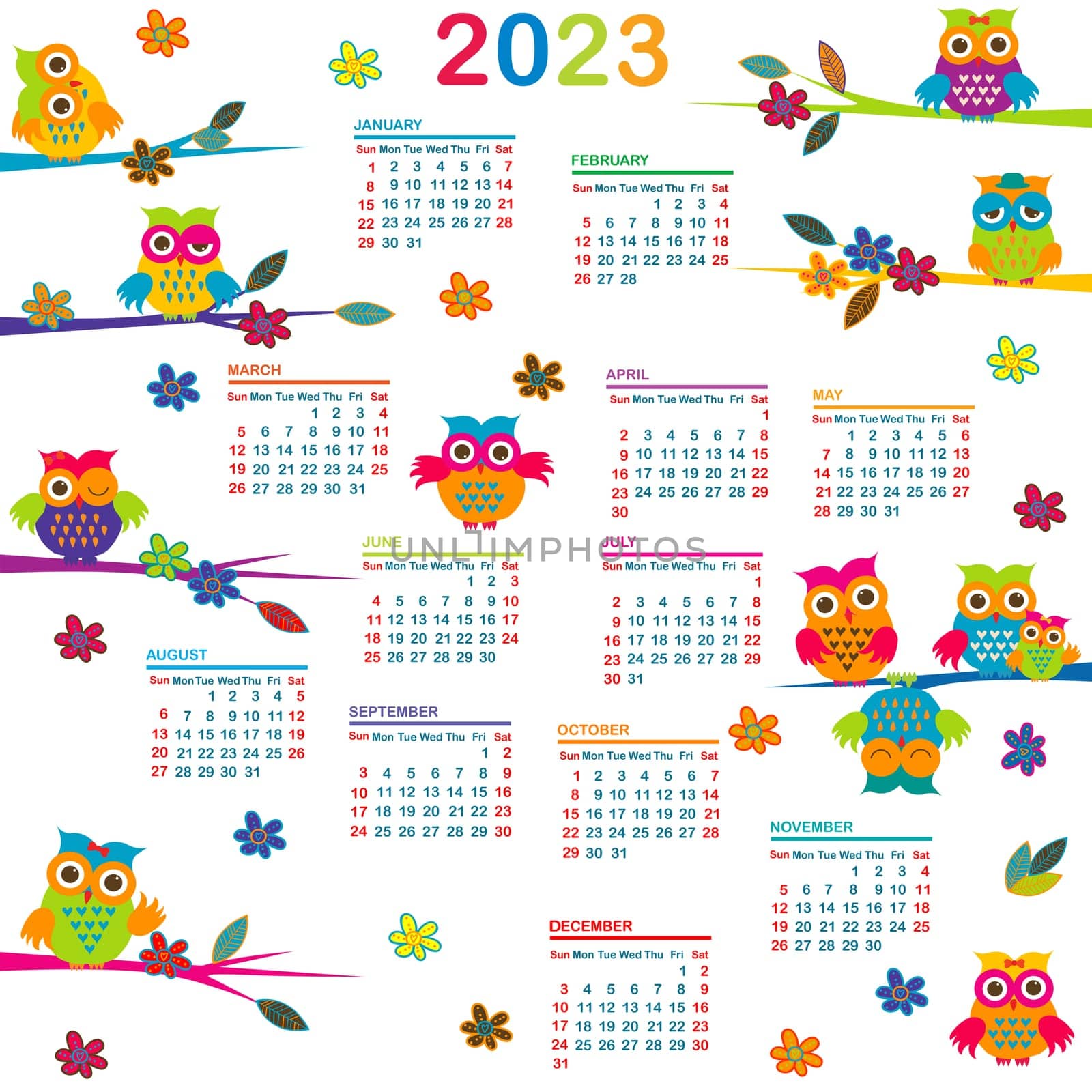 2023 calendar with cartoon owls
