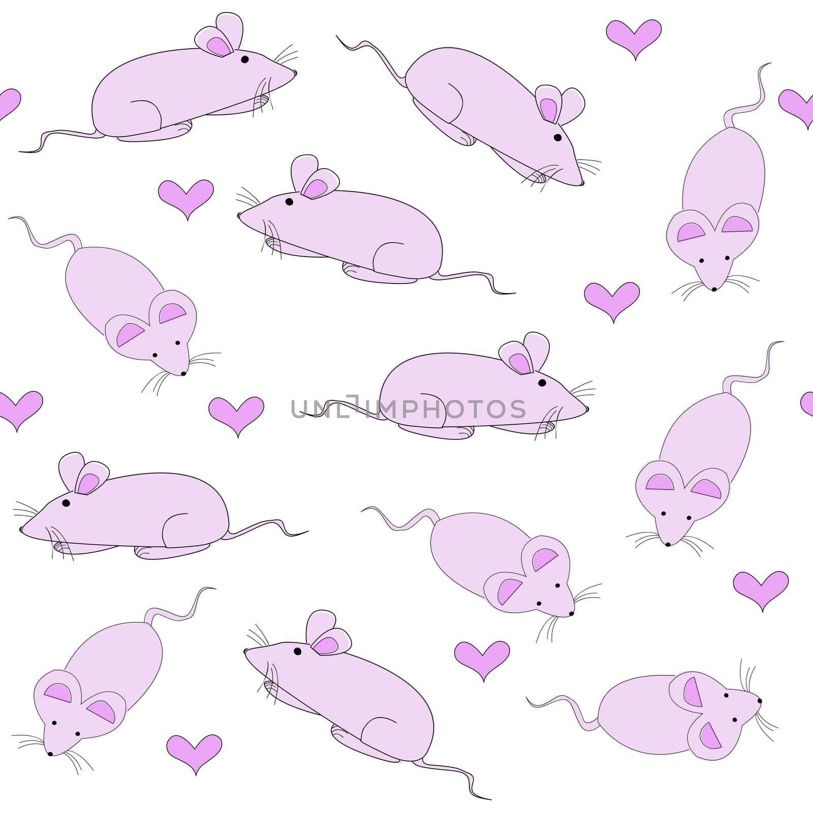 Seamless pattern with pink little mice and hearts