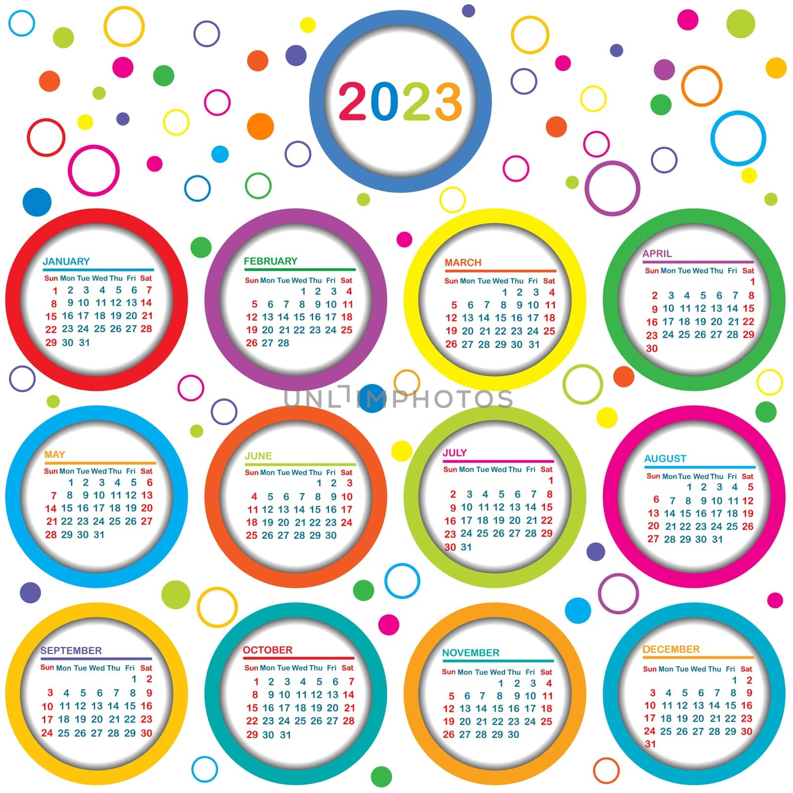 2023 Calendar with colored circles