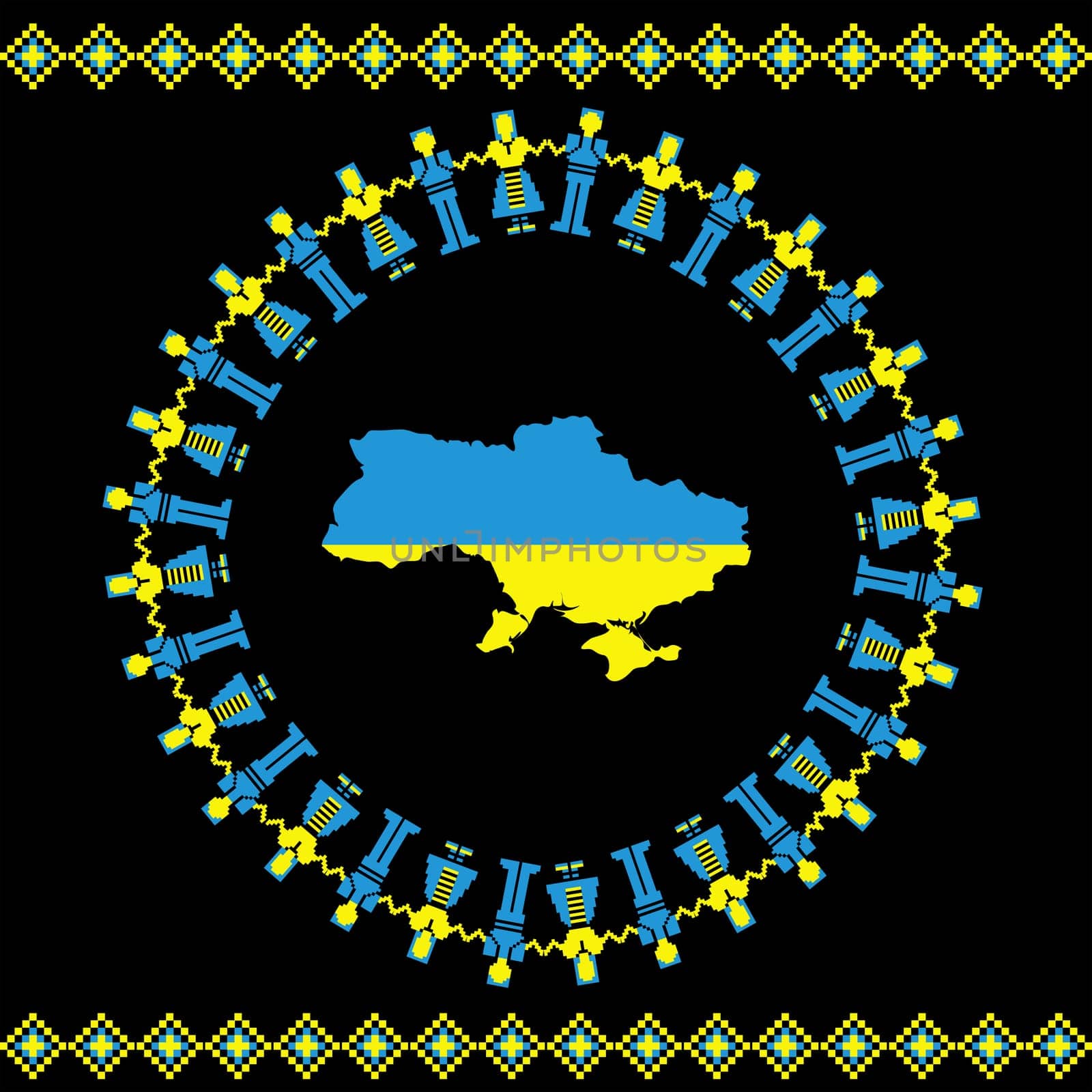 People in Ukraine flag colors dancing around the Ukraine map colored with flag colors