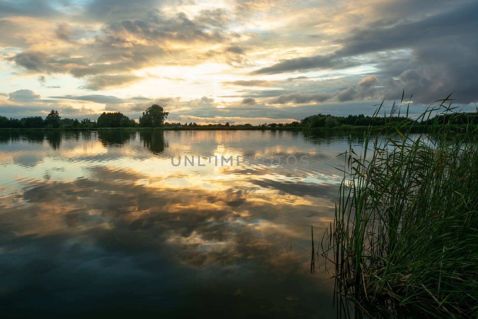 Evening clouds over the lake with reeds, Stankow, Lubelskie, Poland