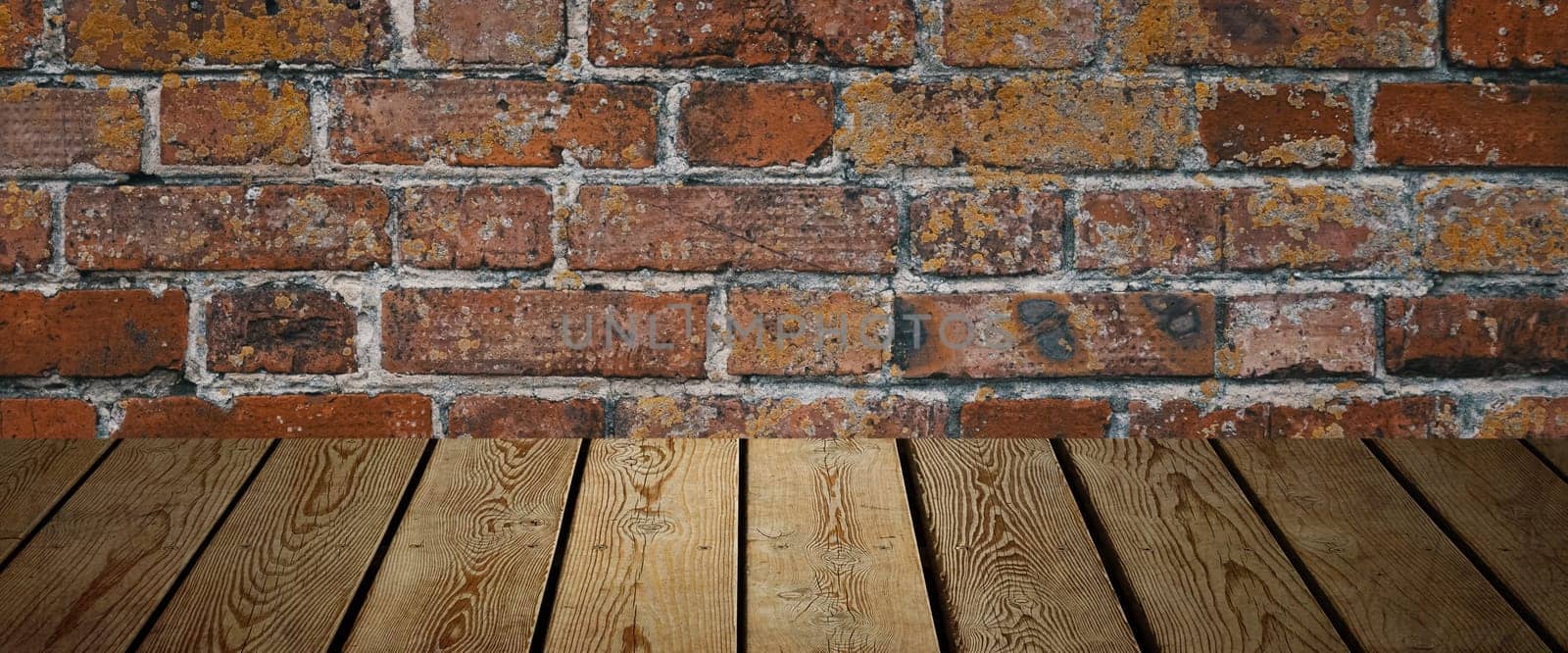 The background is blank wooden boards and a textured brick wall with lighting and vignetting. For product demonstrations, free space, layout, mockup, perspective board, background board.
