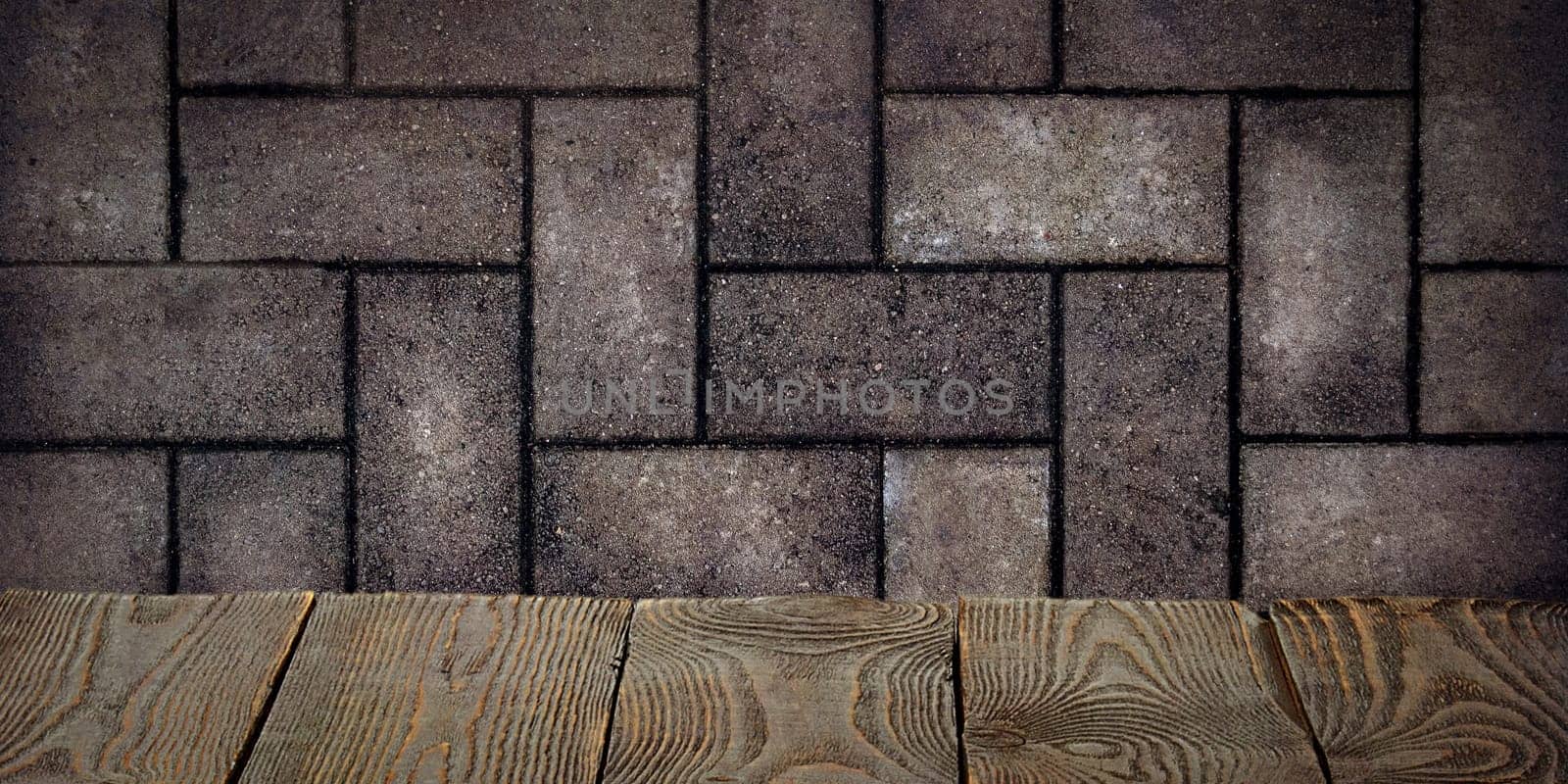 The background is blank wooden boards and a textured brick wall with lighting and vignetting. For product demonstrations, free space, layout, mockup, perspective board, background board.