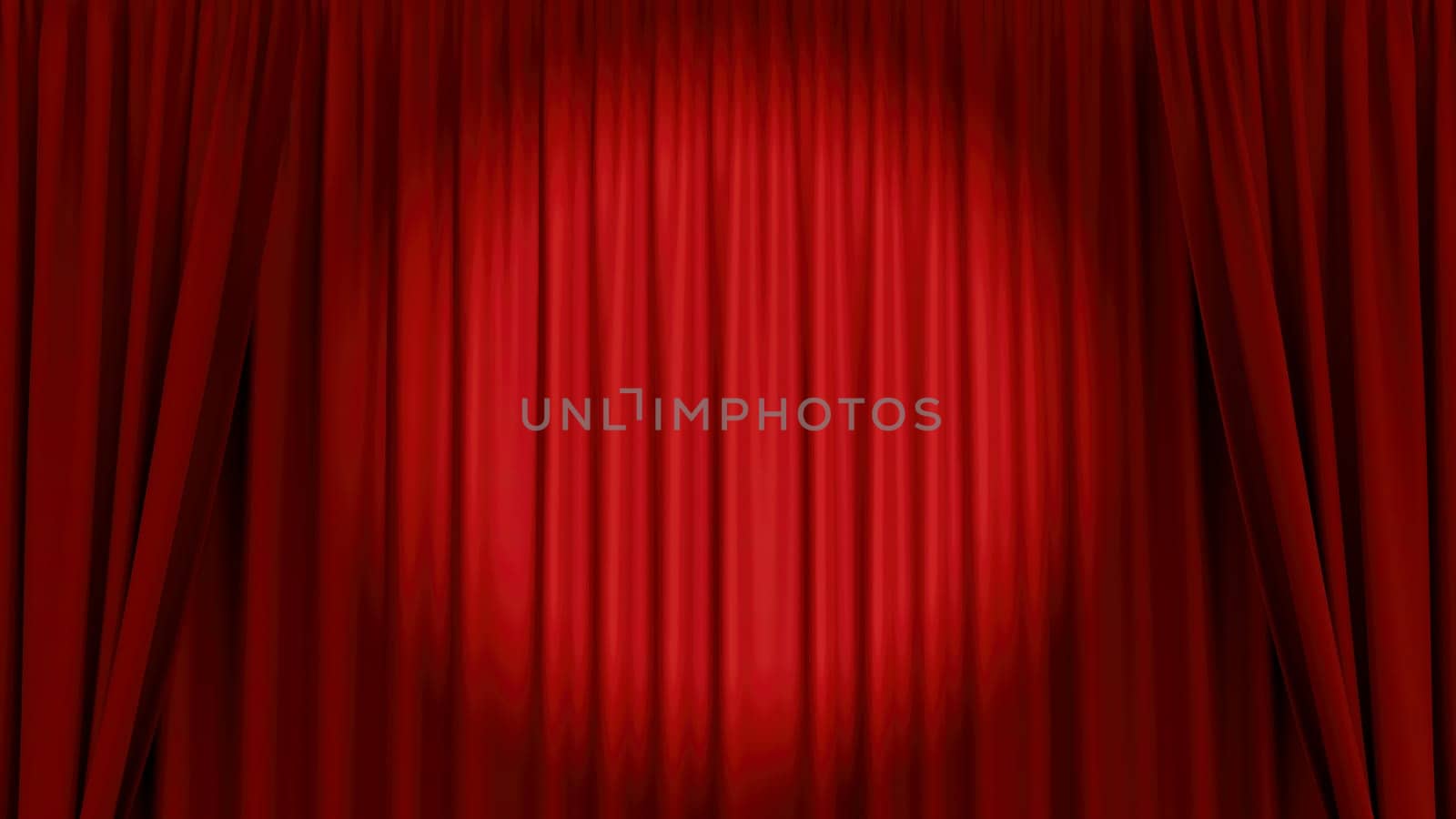 red velvet curtain theater stage scene spot light presentation auditorium 3D illustration