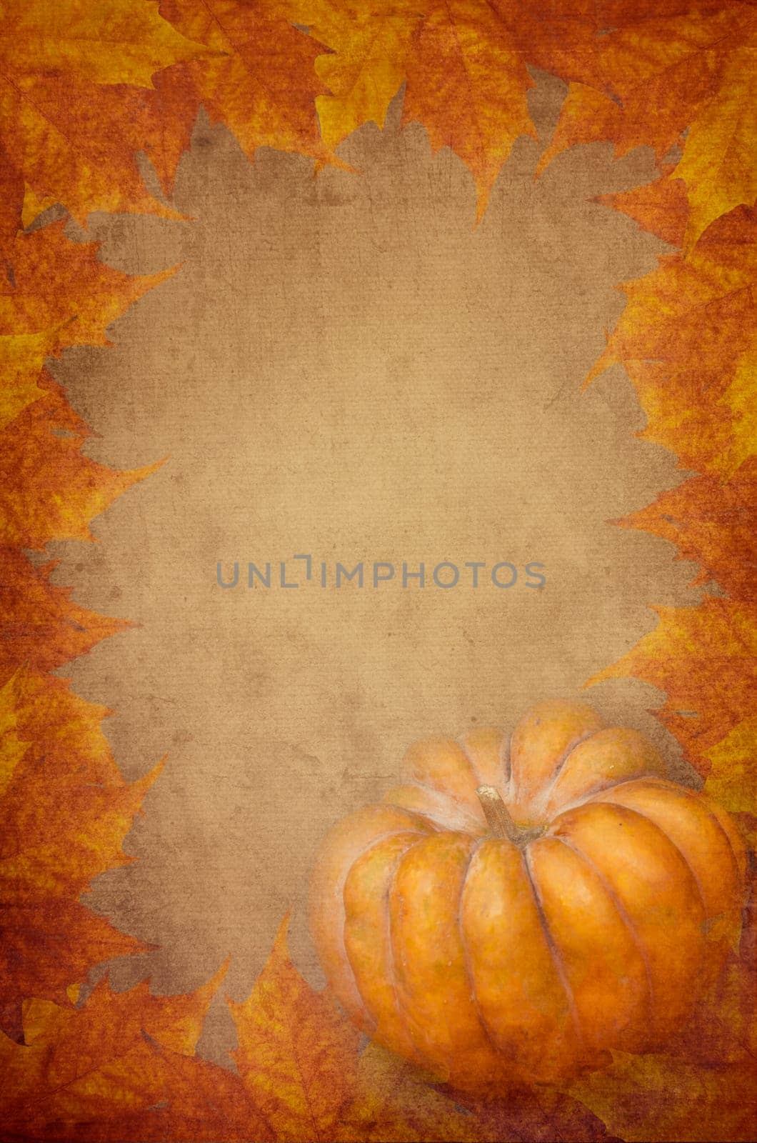 Pumpkin and maple leaves design on textured background