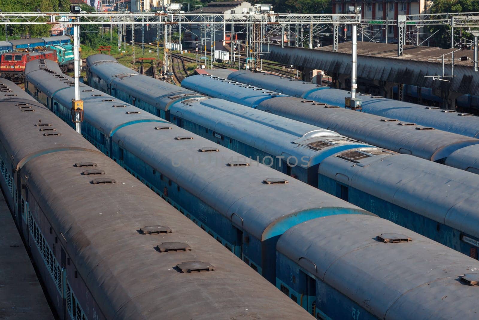 Indian trains at train station aerial view. Trivandrum, Kerala, India