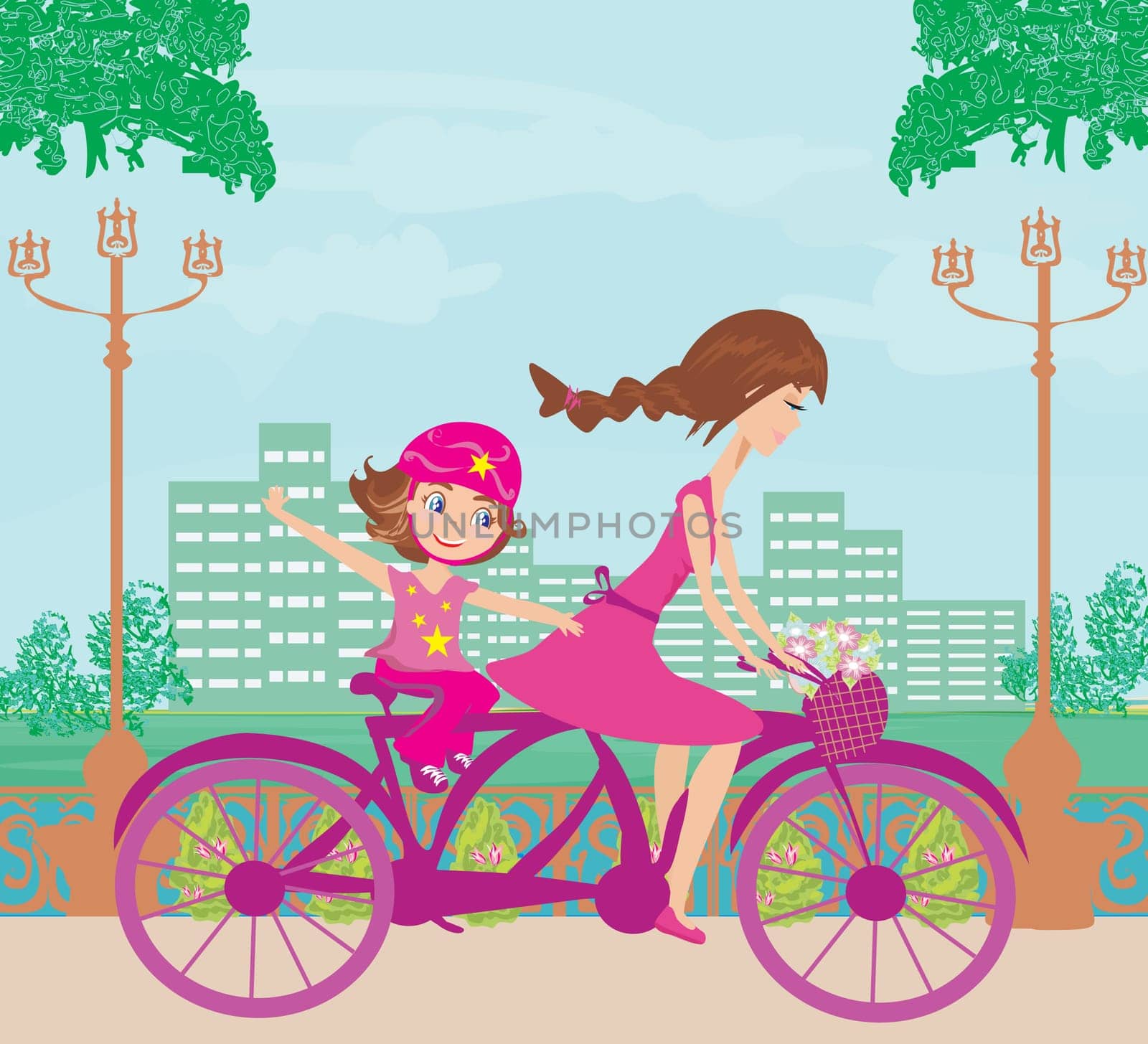 Mother and daughter biking